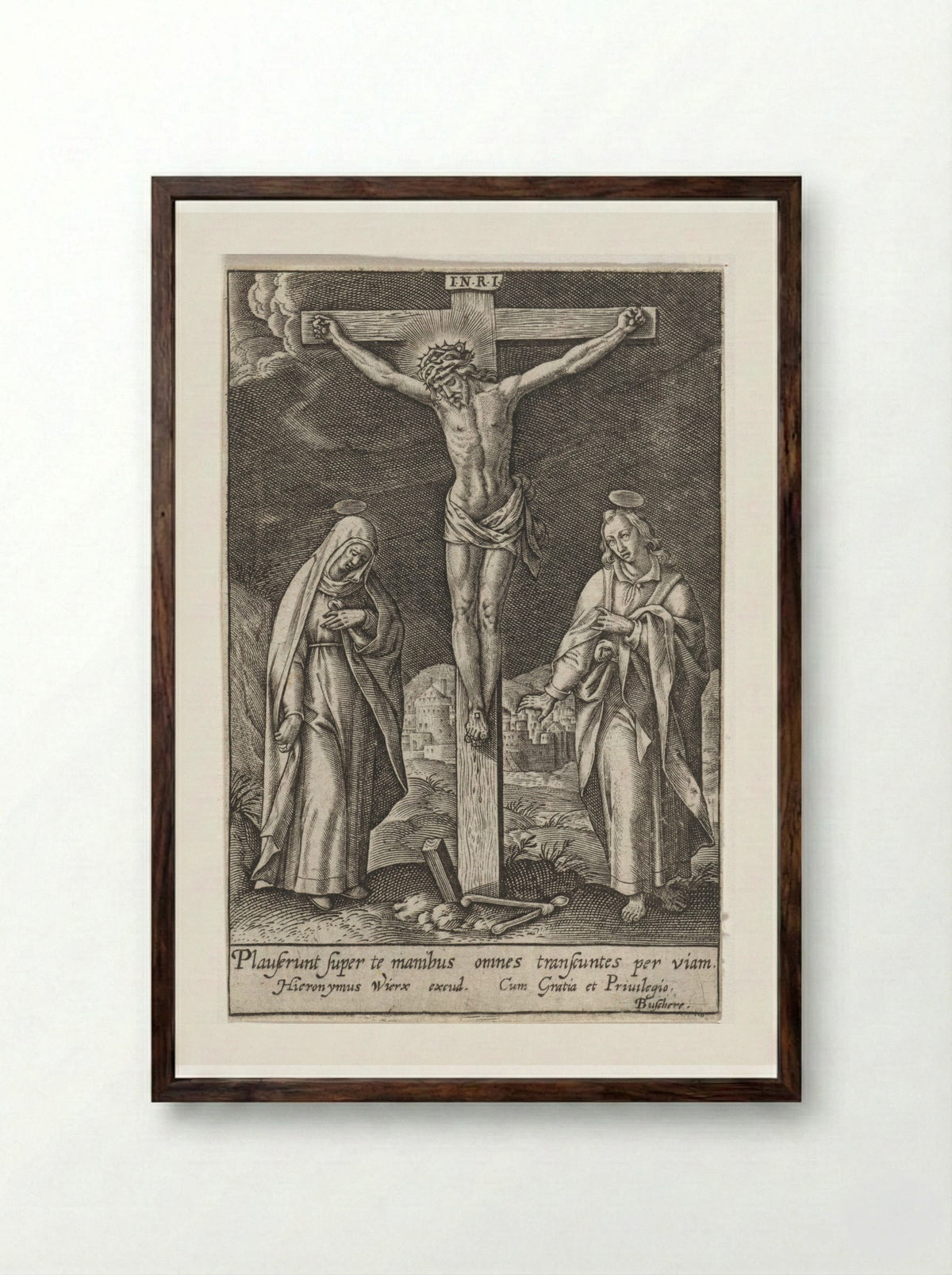 Crucifixion of Christ - Hieronymus Wierix - Framed Print Dark Wood