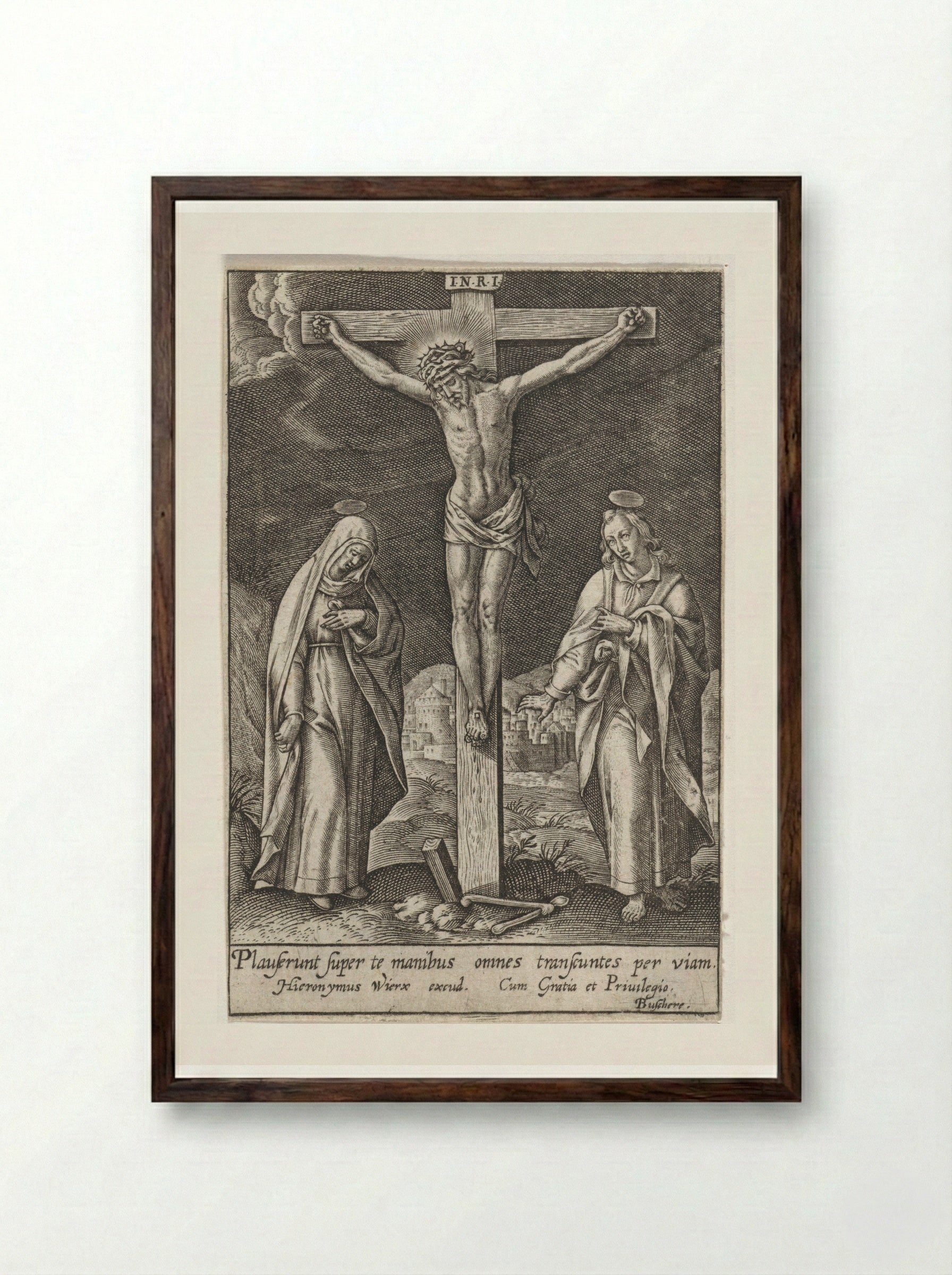 Crucifixion of Christ - Hieronymus Wierix - Framed Print Dark Wood