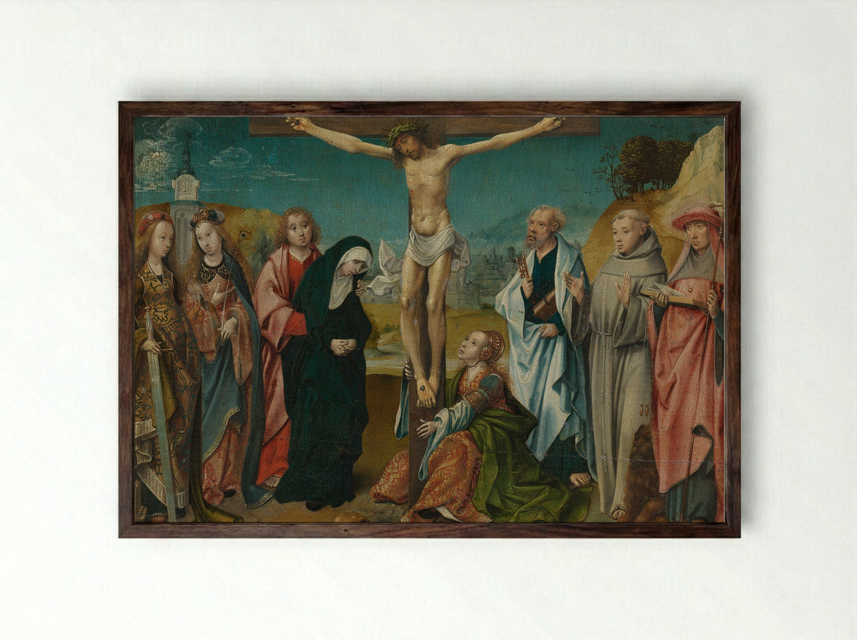 Crucifixion with Saints - Cornelis Engebrechtsz. - Framed Print Dark Wood