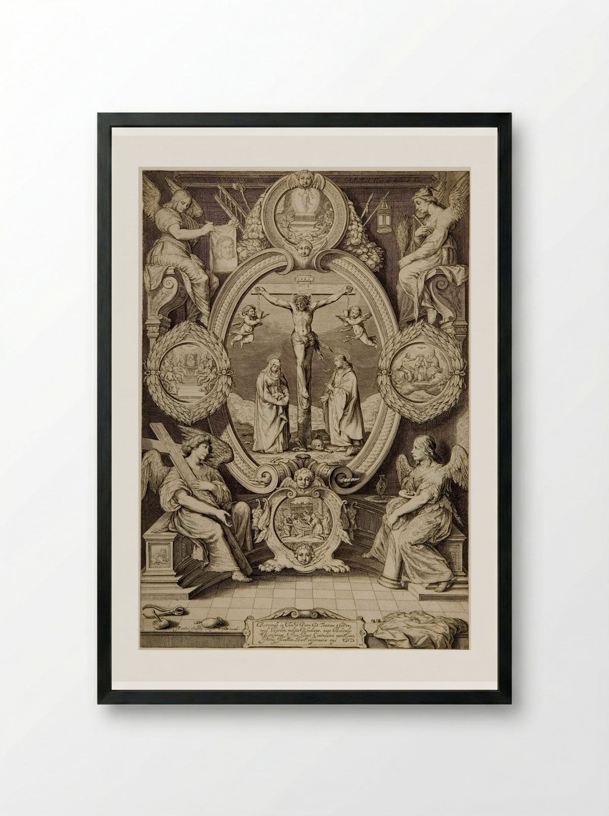Crucifixion with the Virgin and Saint John, with Four Angels with the Instruments of the Passion - Jacob Matham - Framed Print Black