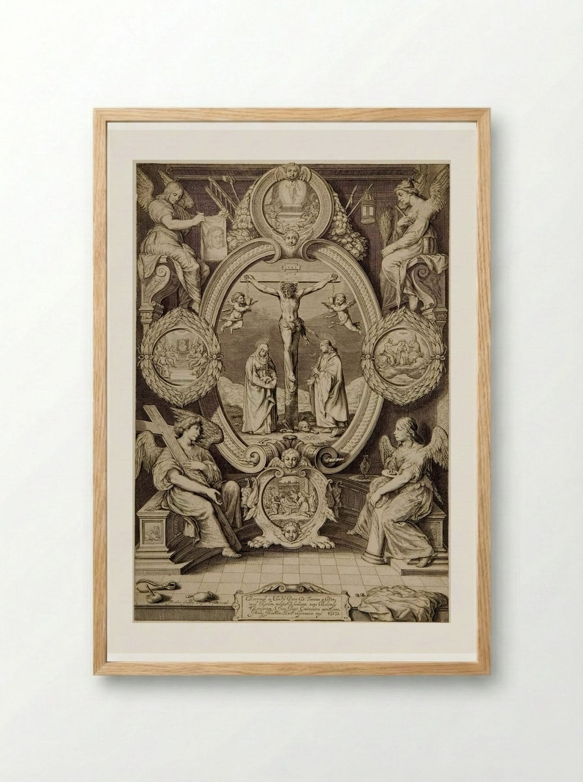Crucifixion with the Virgin and Saint John, with Four Angels with the Instruments of the Passion - Jacob Matham - Framed Print Wood