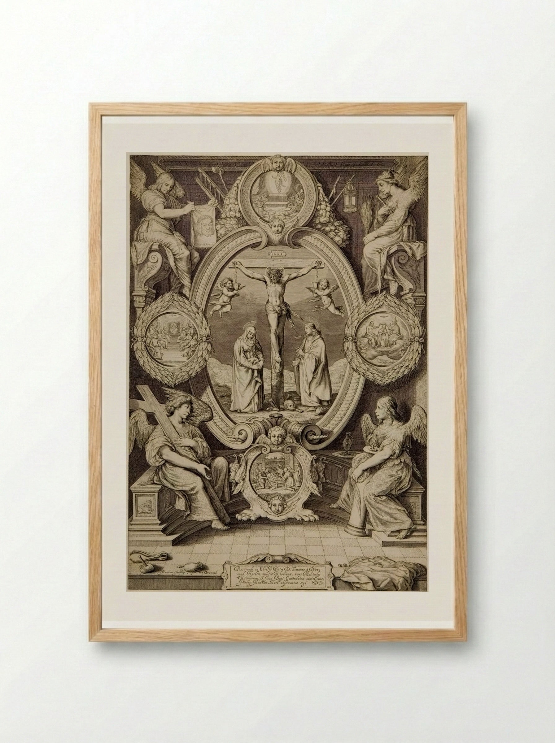 Crucifixion with the Virgin and Saint John, with Four Angels with the Instruments of the Passion - Jacob Matham - Framed Print Wood