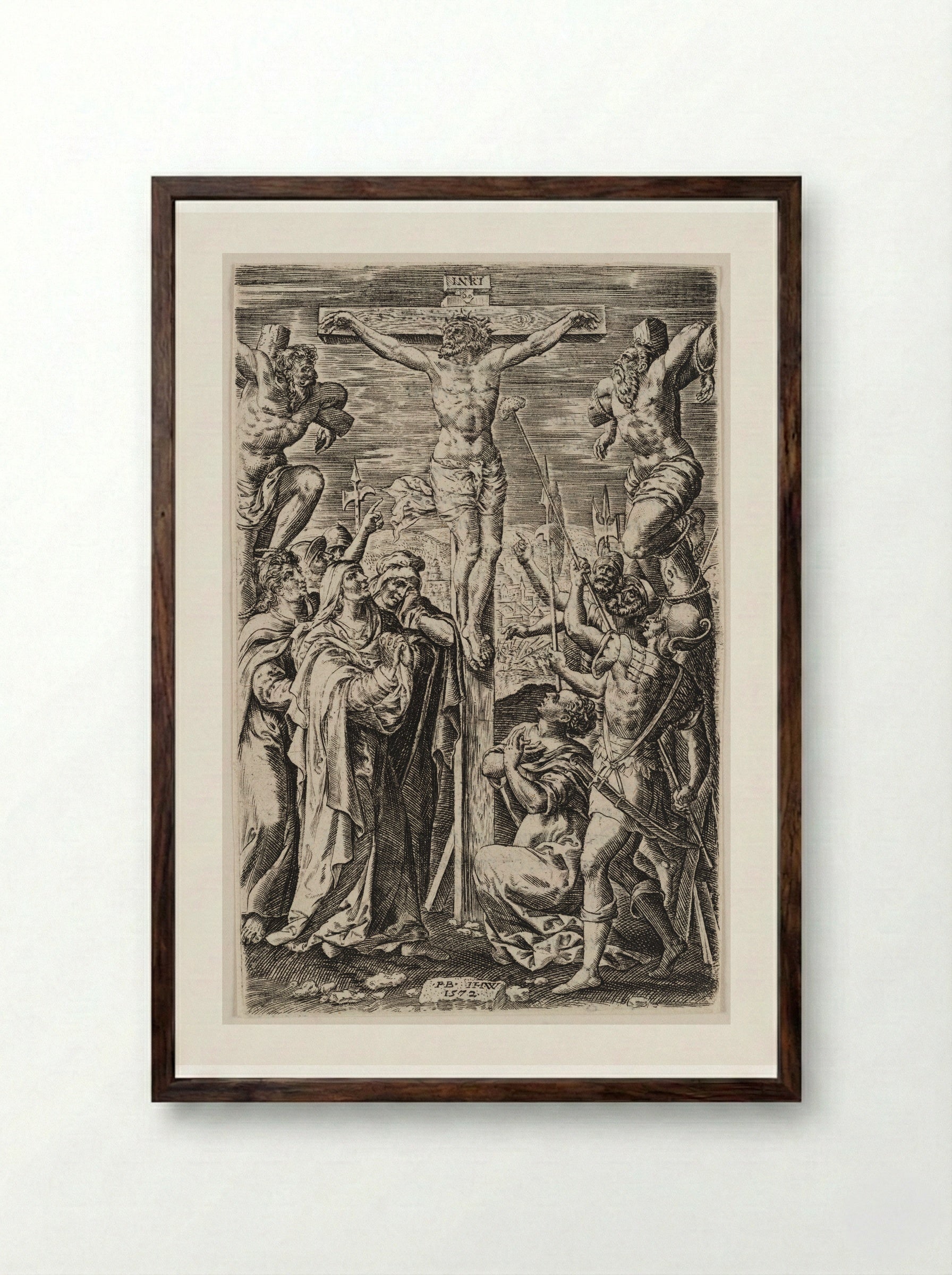 Crucifixion - Johannes Wierix - Framed Print Dark Wood