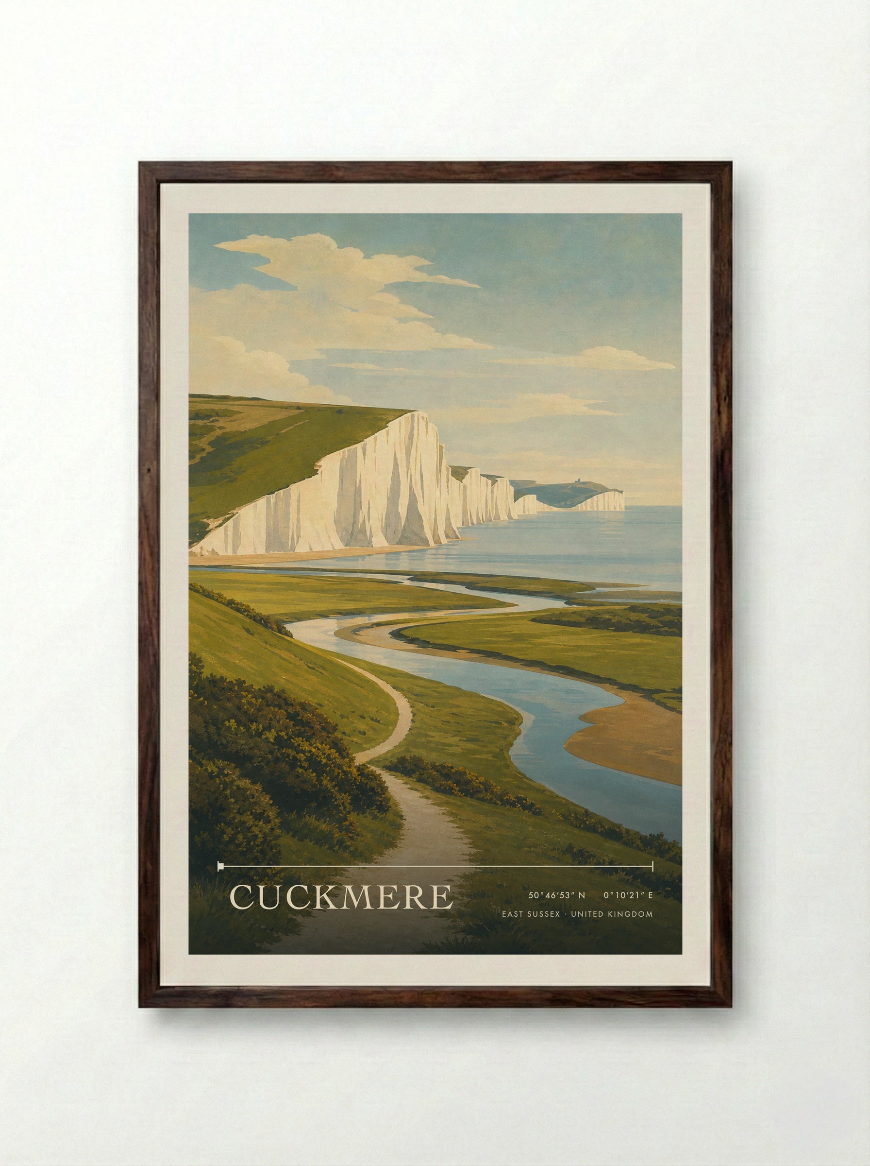 Cuckmere East Sussex United Kingdom Travel Poster - Framed Print Dark Wood
