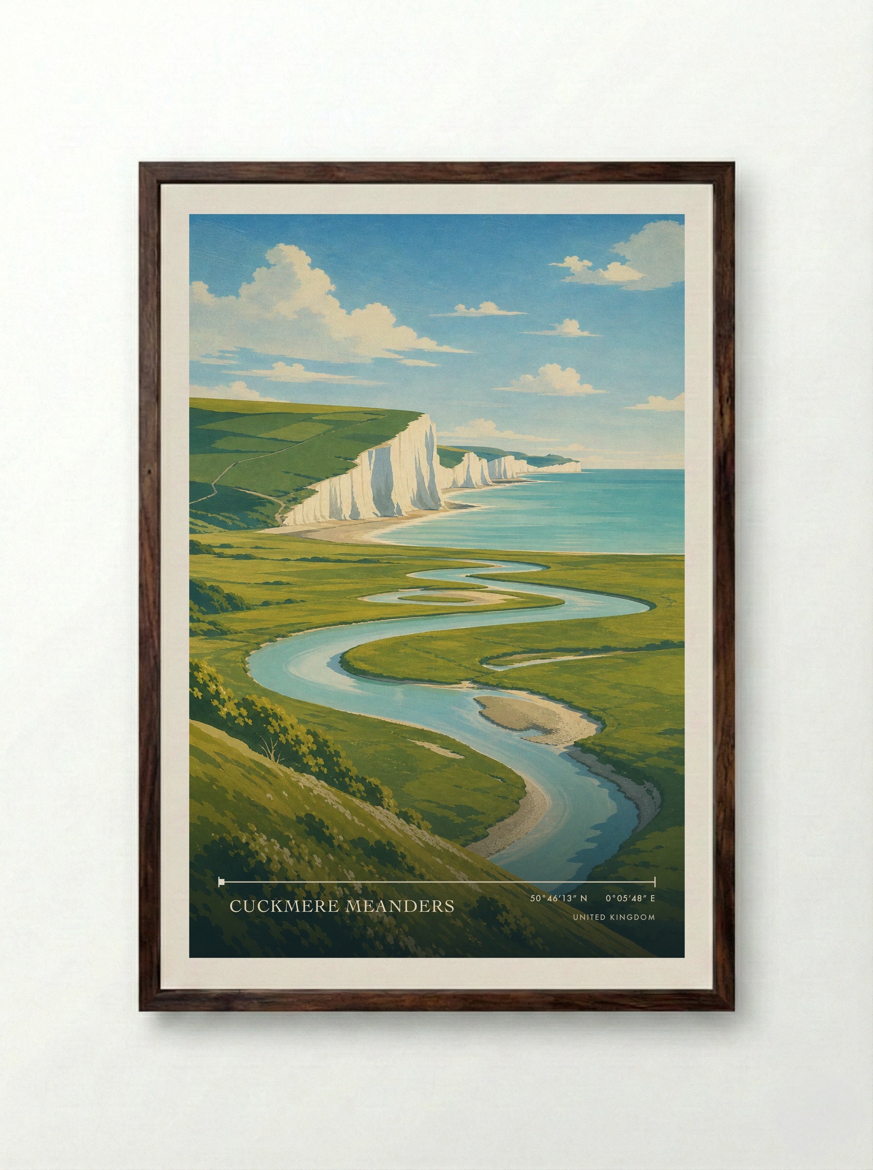 Cuckmere Meanders United Kingdom Travel Poster - Framed Print Dark Wood