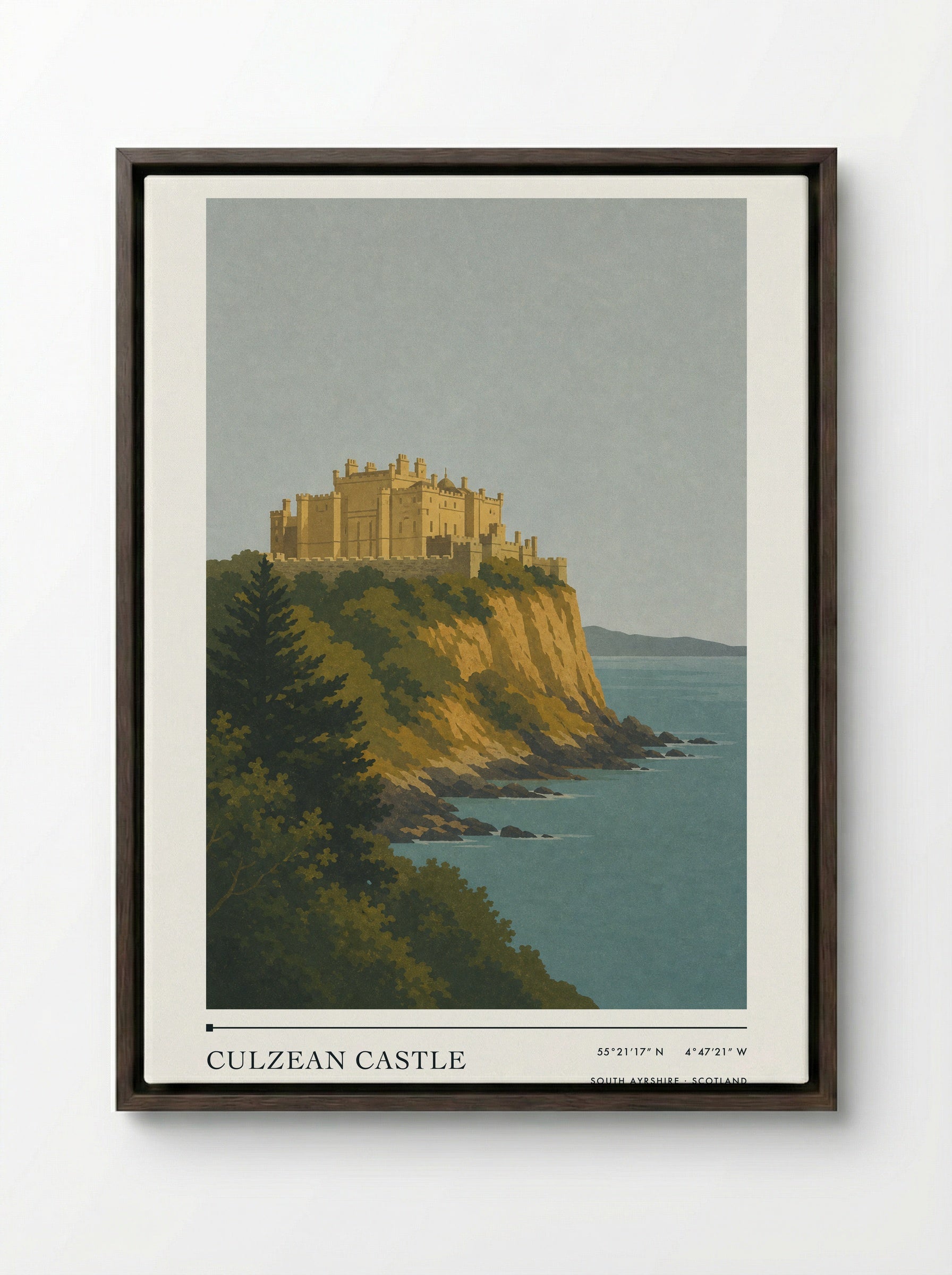 Culzean Castle Travel Poster Artwork - Framed Canvas Dark Wood