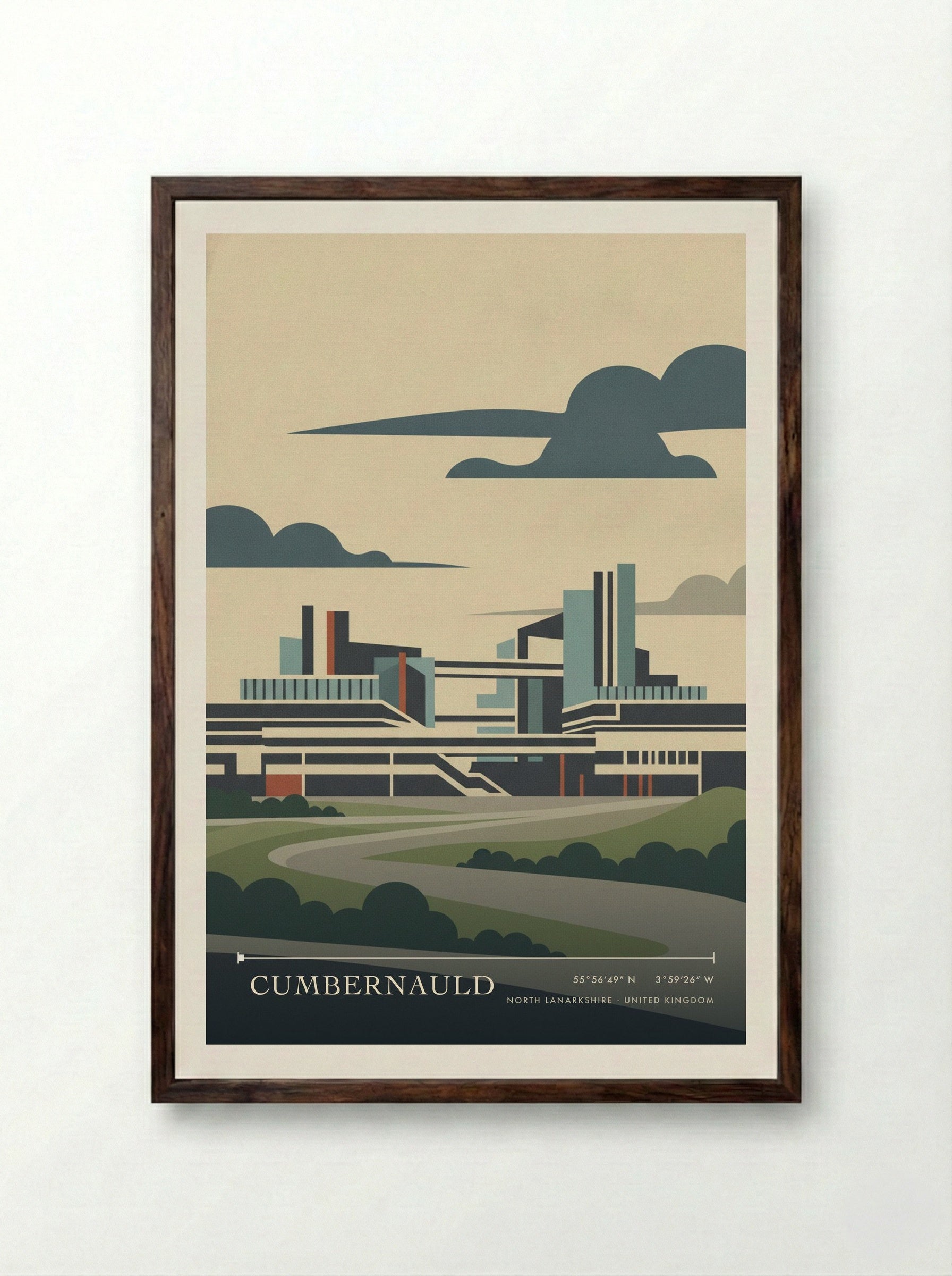 Cumbernauld North Lanarkshire United Kingdom Travel Poster - Framed Print Dark Wood
