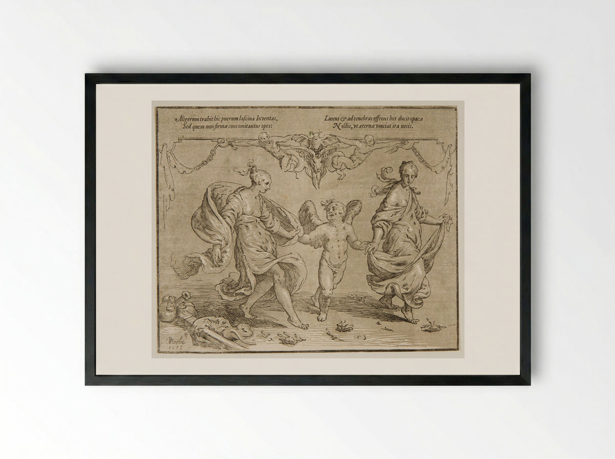 Cupid Led by Two Dancing Women - Paulus Moreelse - Framed Print Black