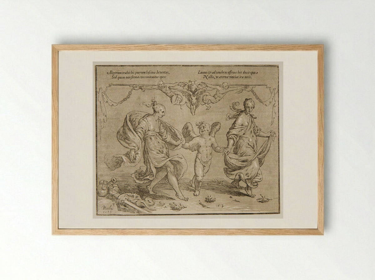 Cupid Led by Two Dancing Women - Paulus Moreelse - Framed Print Wood