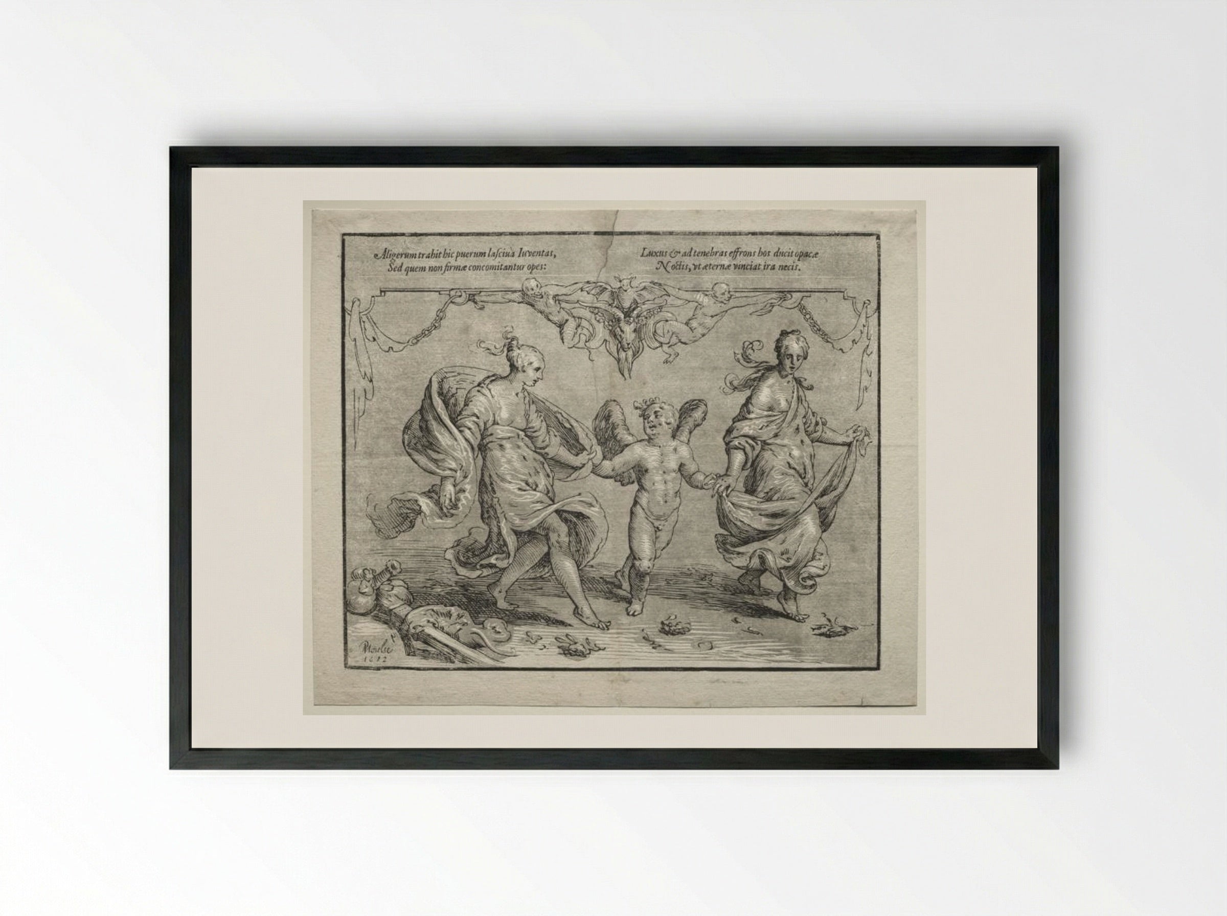 Cupid dancing with two allegorical women - Paulus Moreelse - Framed Print Black