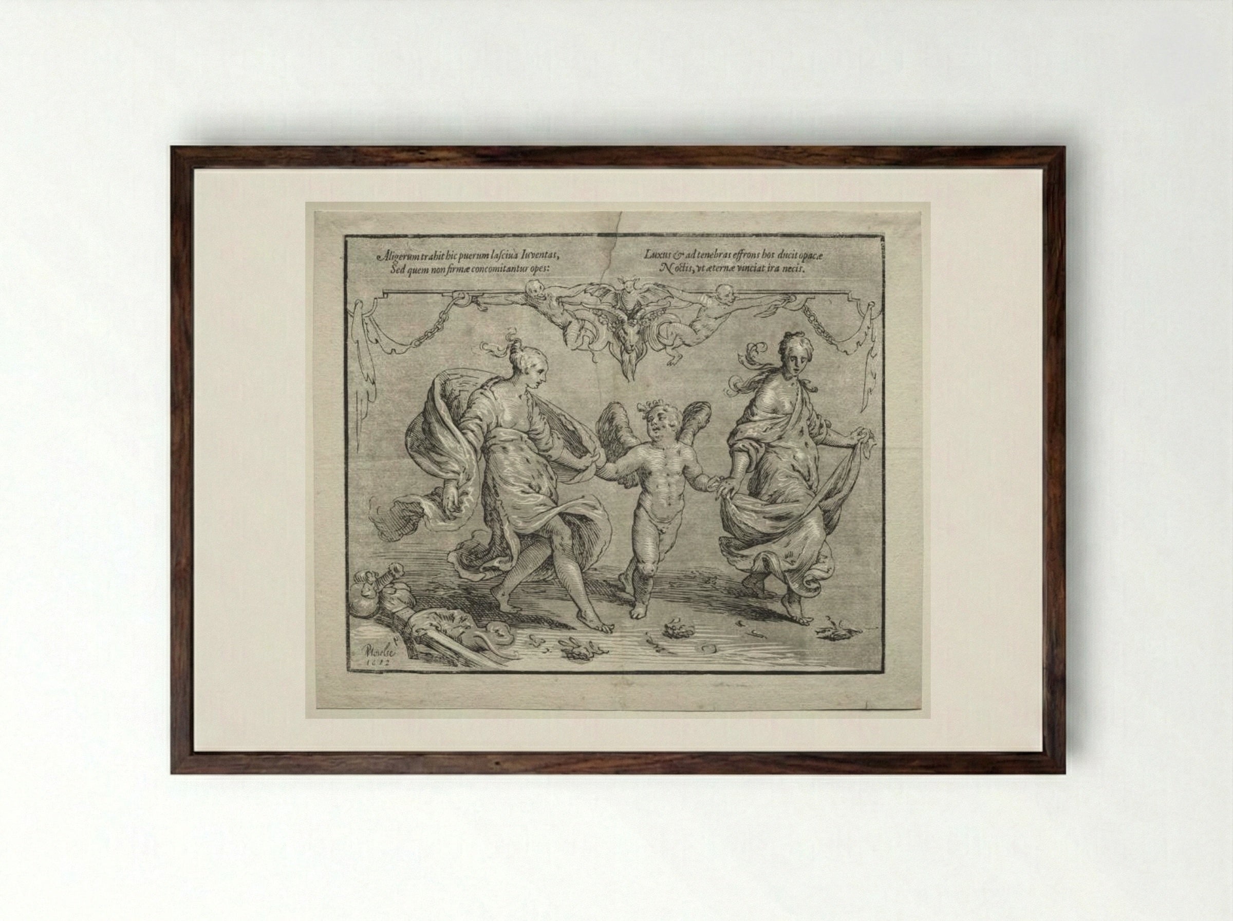 Cupid dancing with two allegorical women - Paulus Moreelse - Framed Print Dark Wood