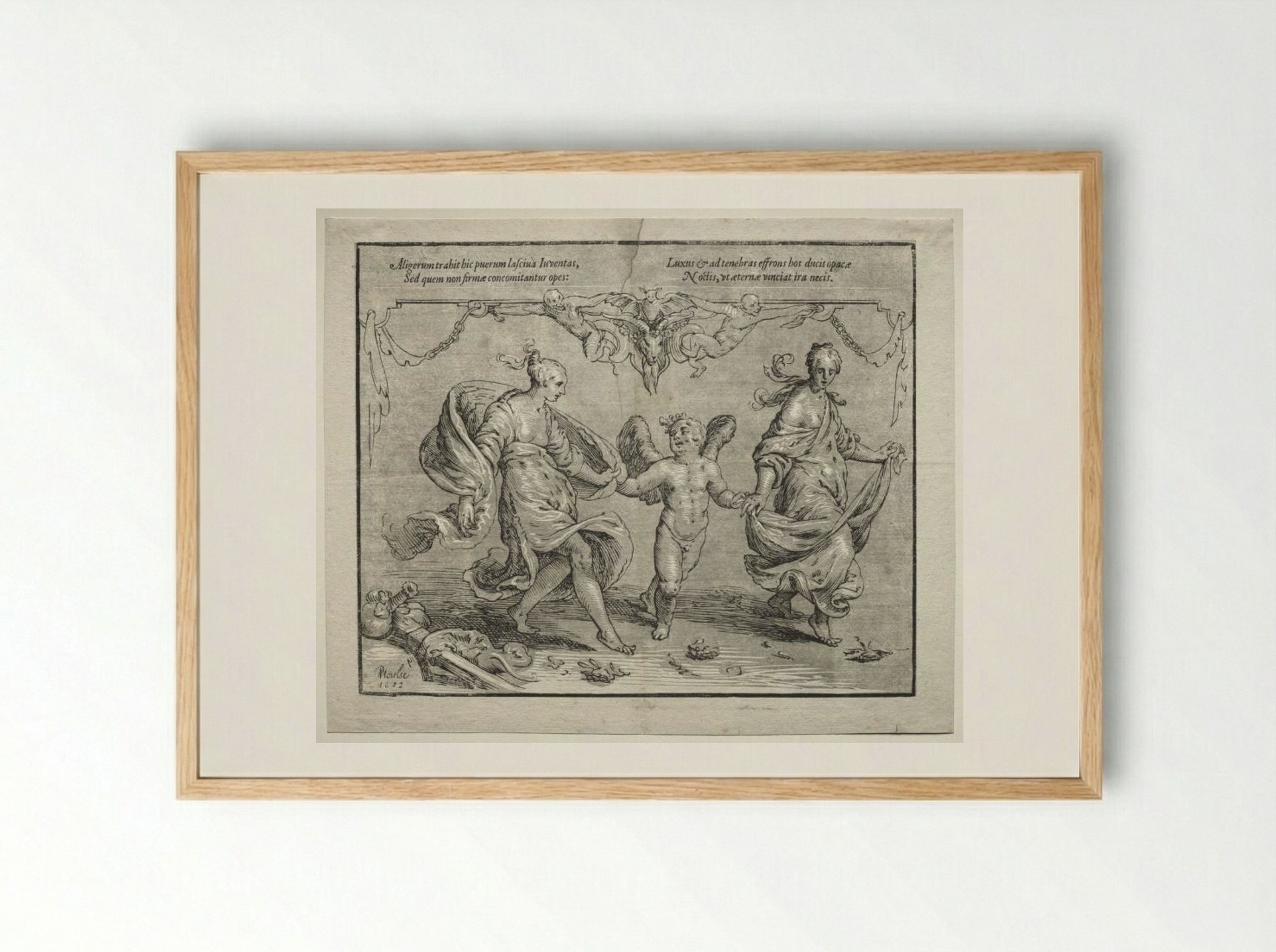 Cupid dancing with two allegorical women - Paulus Moreelse - Framed Print Wood
