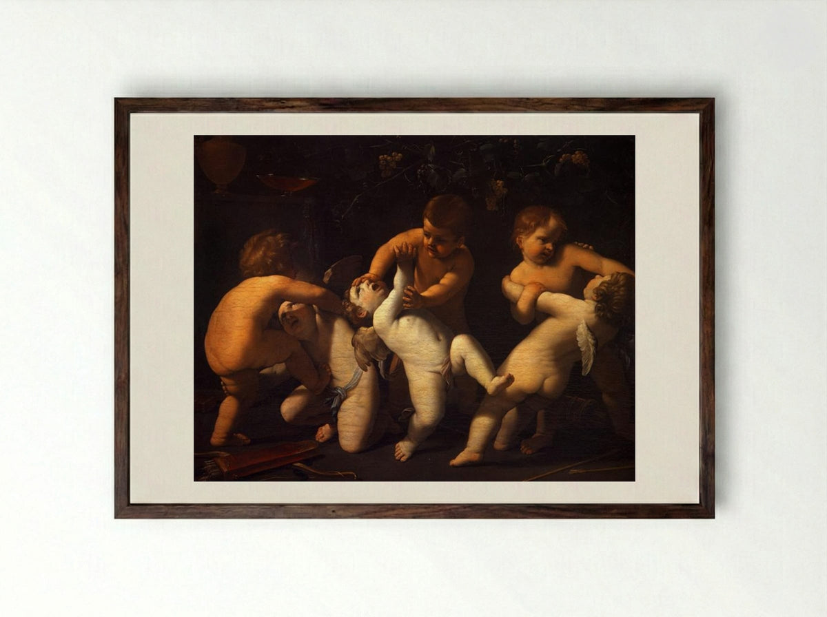 Cupids Fighting - Guido Reni - Framed Print Dark Wood