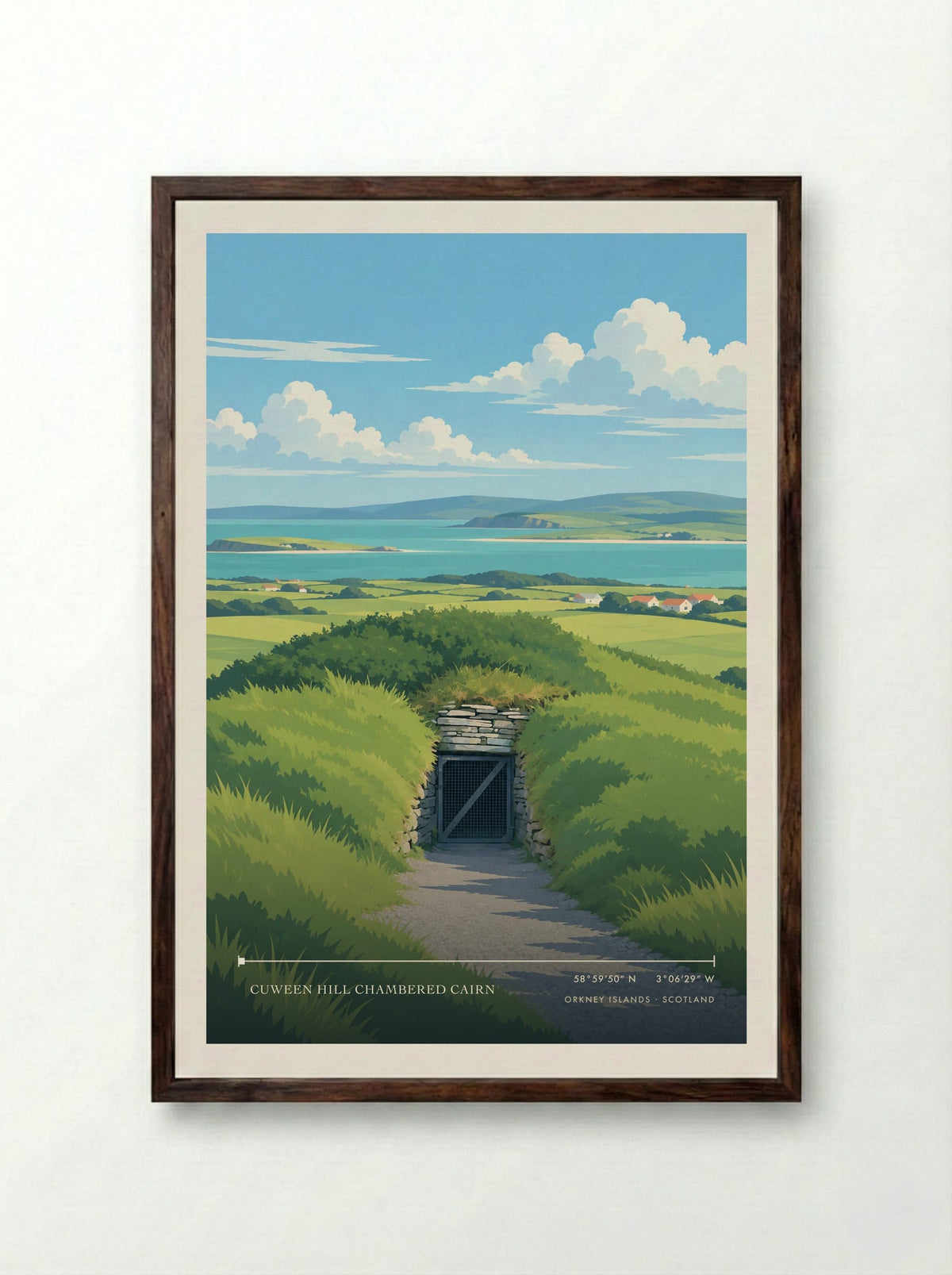 Cuween Hill Chambered Cairn, Orkney Islands | Travel Poster - Framed Print Dark Wood