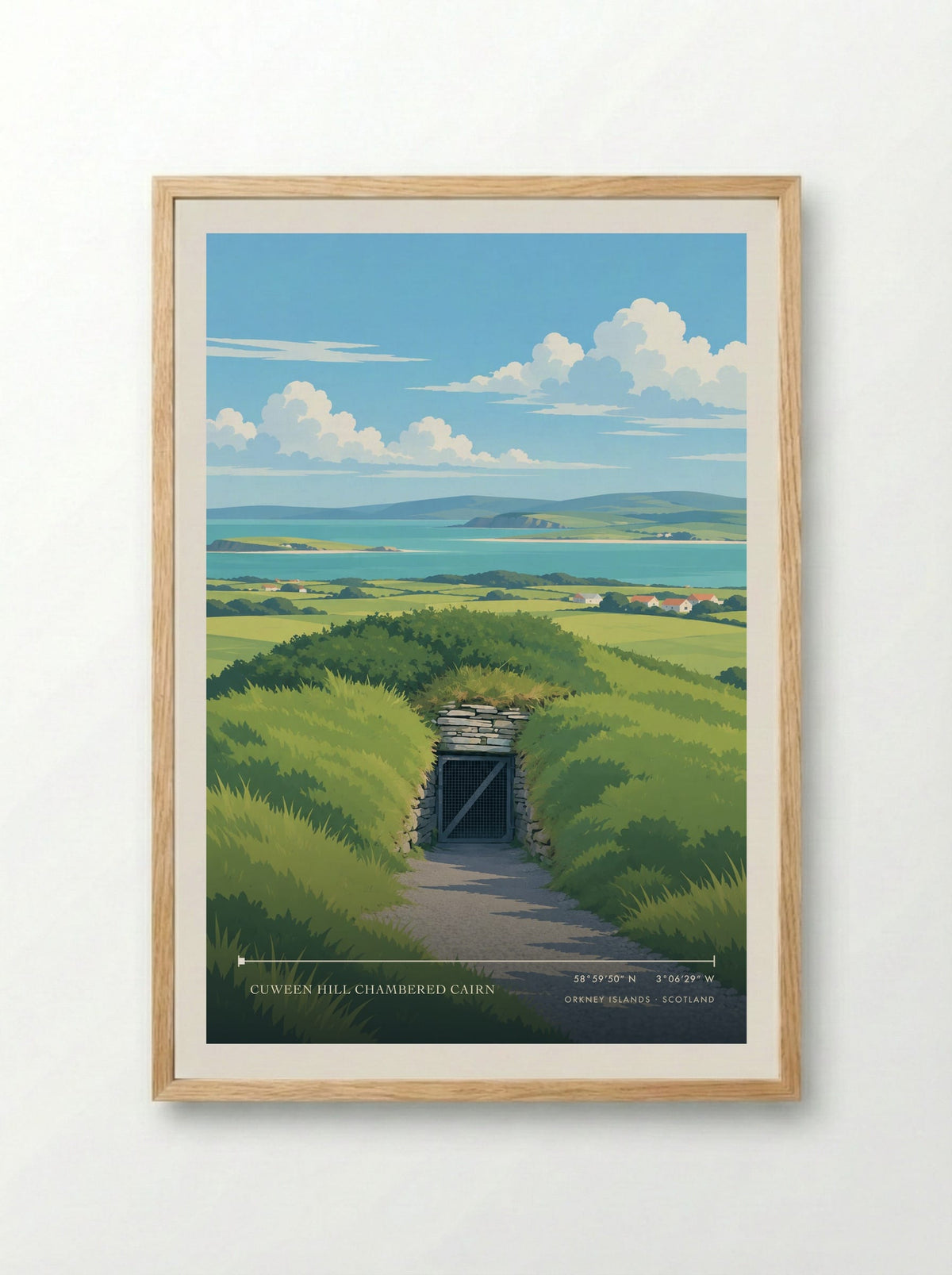 Cuween Hill Chambered Cairn, Orkney Islands | Travel Poster - Framed Print Wood