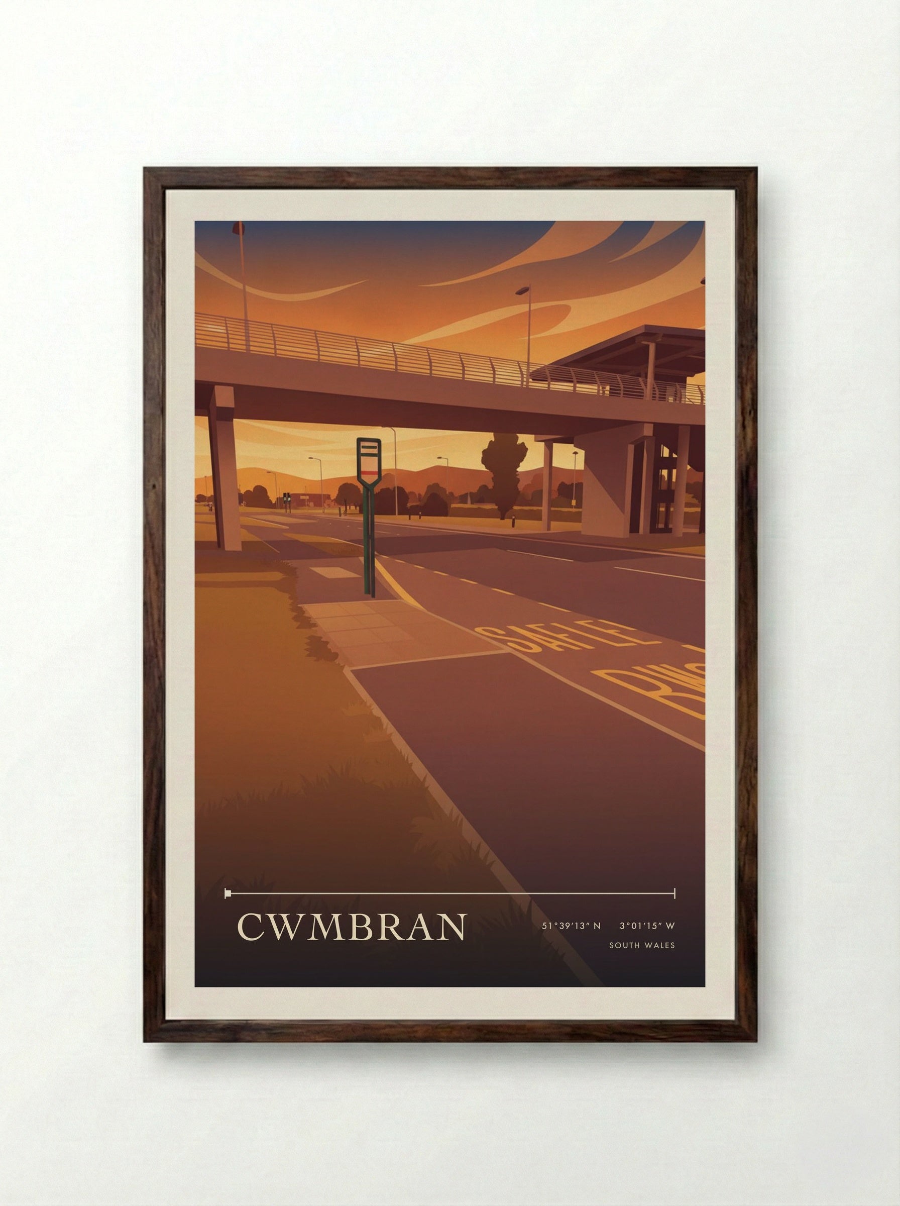 Cwmbran South Wales Wales Travel Poster - Framed Print Dark Wood