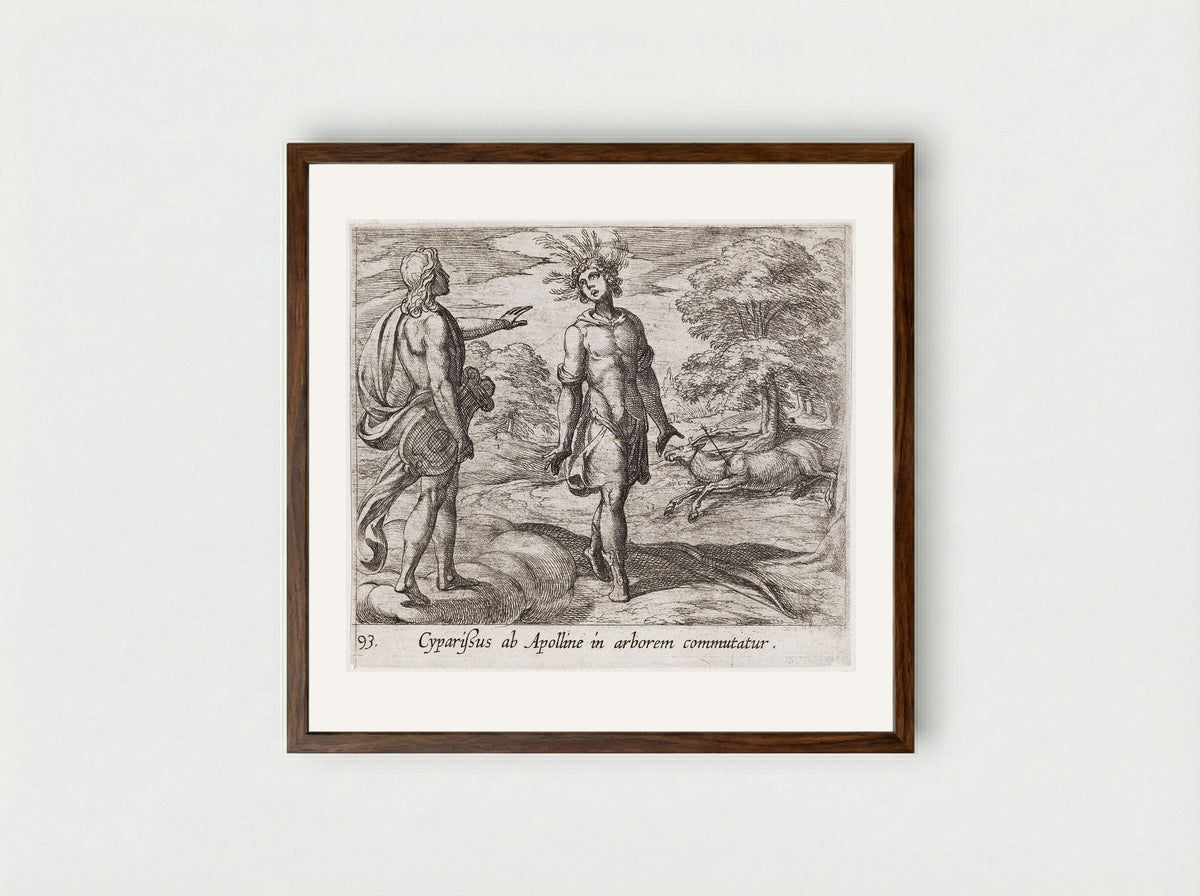 Cyparissus Changed into a Cypress Tree - Antonio Tempesta - Framed Print Dark Wood