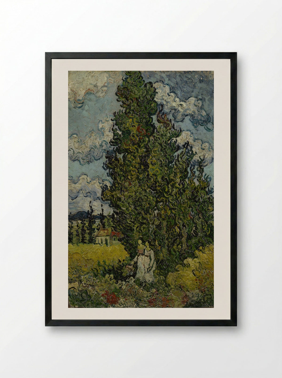 Cypresses and Two Women - Vincent van Gogh - Framed Print Black