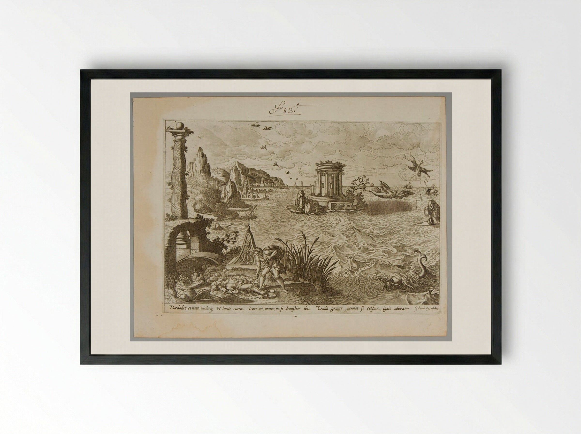 Daedalus and the Death of Icarus - Gerard de Jode - Framed Print Black