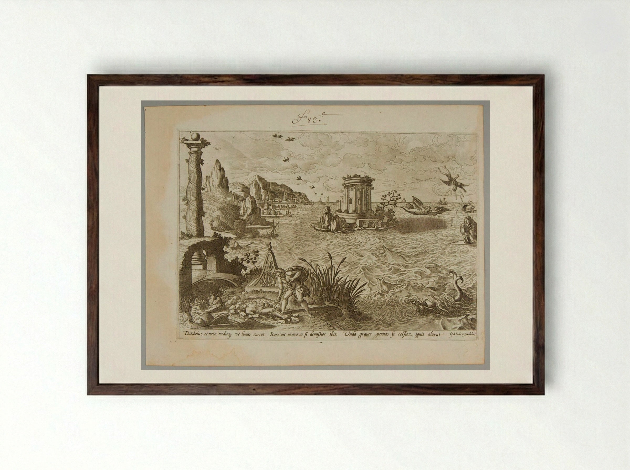 Daedalus and the Death of Icarus - Gerard de Jode - Framed Print Dark Wood
