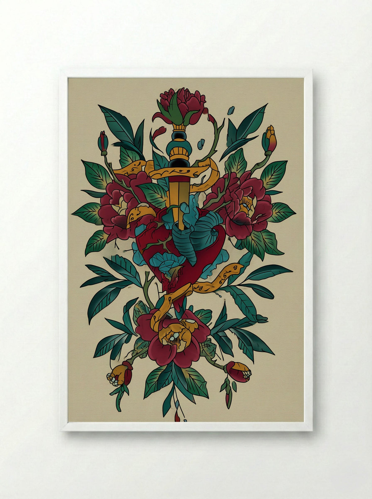 Dagger Through Heart and Flowers - Neo Traditional Tattoo Print - Framed Print White