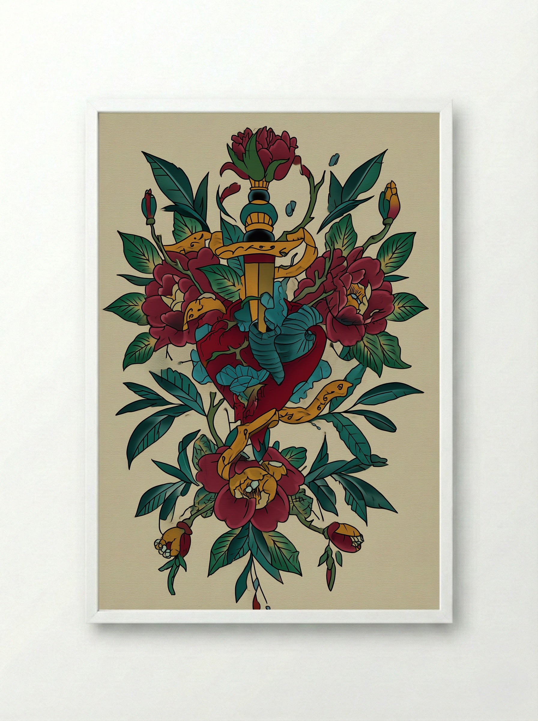 Dagger Through Heart and Flowers - Neo Traditional Tattoo Print - Framed Print White