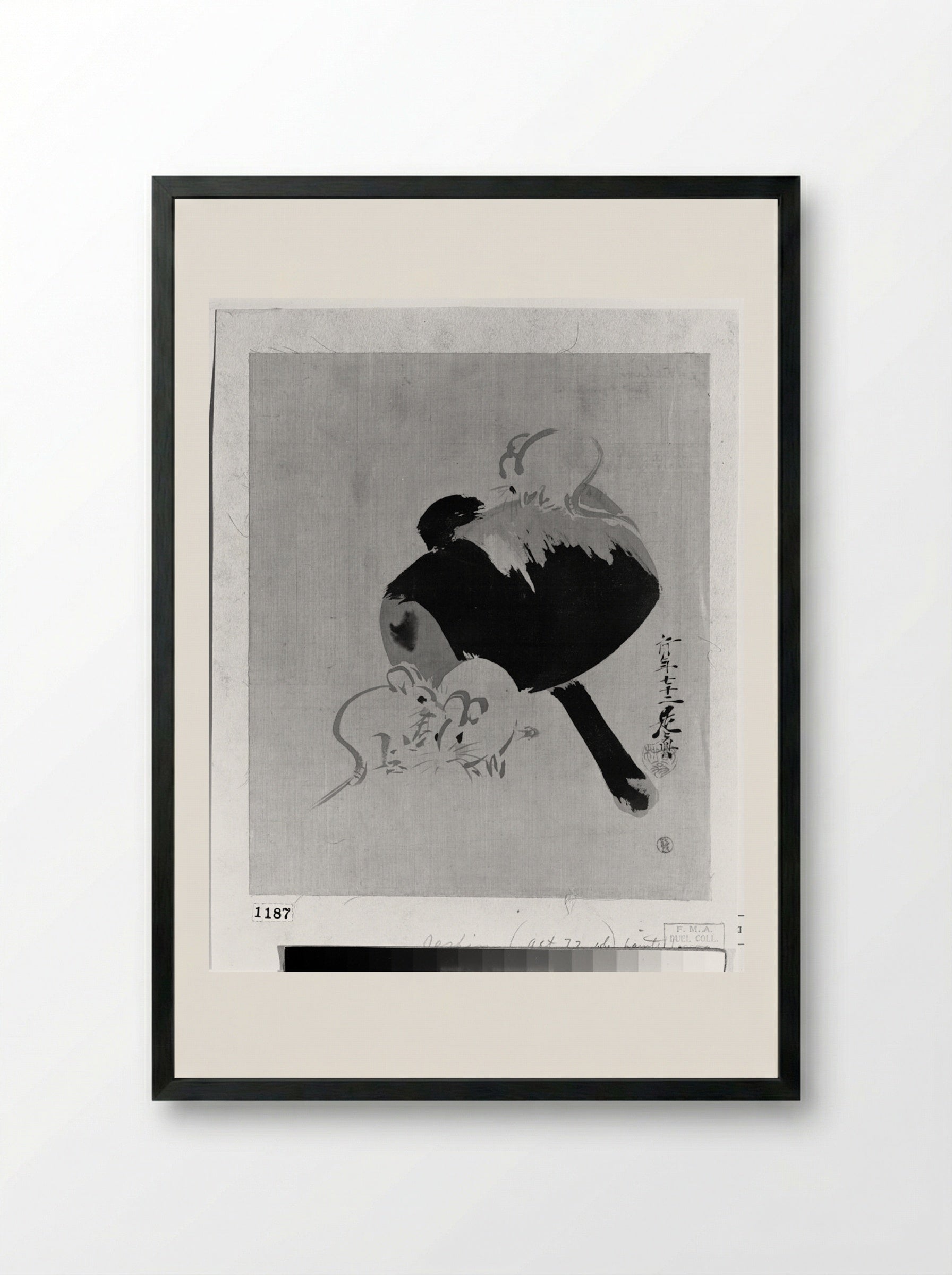 Daikoku's Hammer and Three Mice - Shibata Zeshin - Framed Print Black