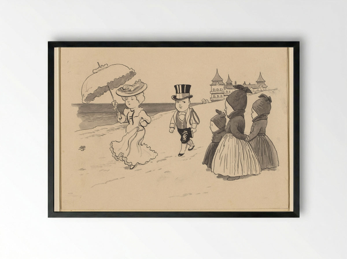 Dame gevolgd door een liverijknecht, drie kindertjes staan er naar te kijken - Alfred Schmidt - Framed Print Black