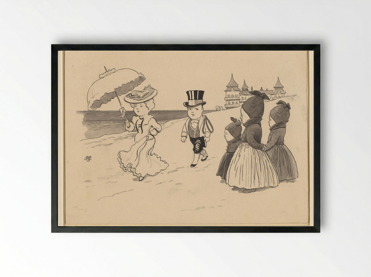 Dame gevolgd door een liverijknecht, drie kindertjes staan er naar te kijken - Alfred Schmidt - Framed Print Black