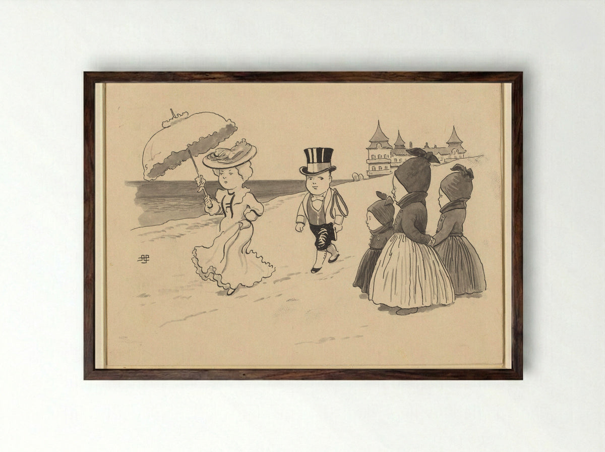 Dame gevolgd door een liverijknecht, drie kindertjes staan er naar te kijken - Alfred Schmidt - Framed Print Dark Wood