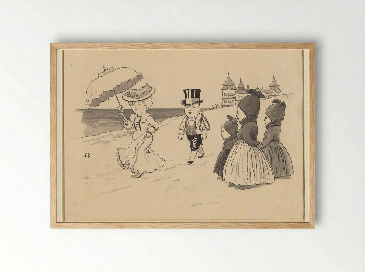 Dame gevolgd door een liverijknecht, drie kindertjes staan er naar te kijken - Alfred Schmidt - Framed Print Wood
