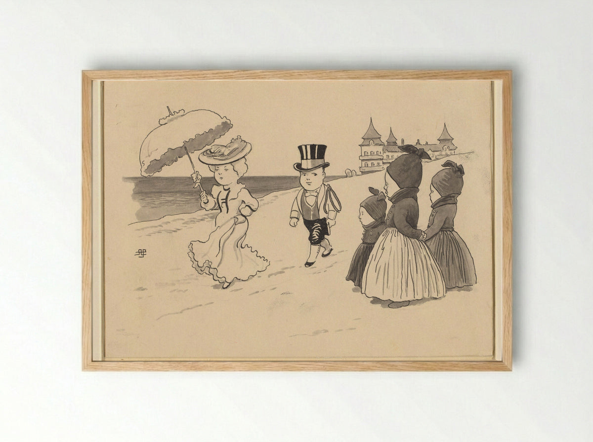 Dame gevolgd door een liverijknecht, drie kindertjes staan er naar te kijken - Alfred Schmidt - Framed Print Wood