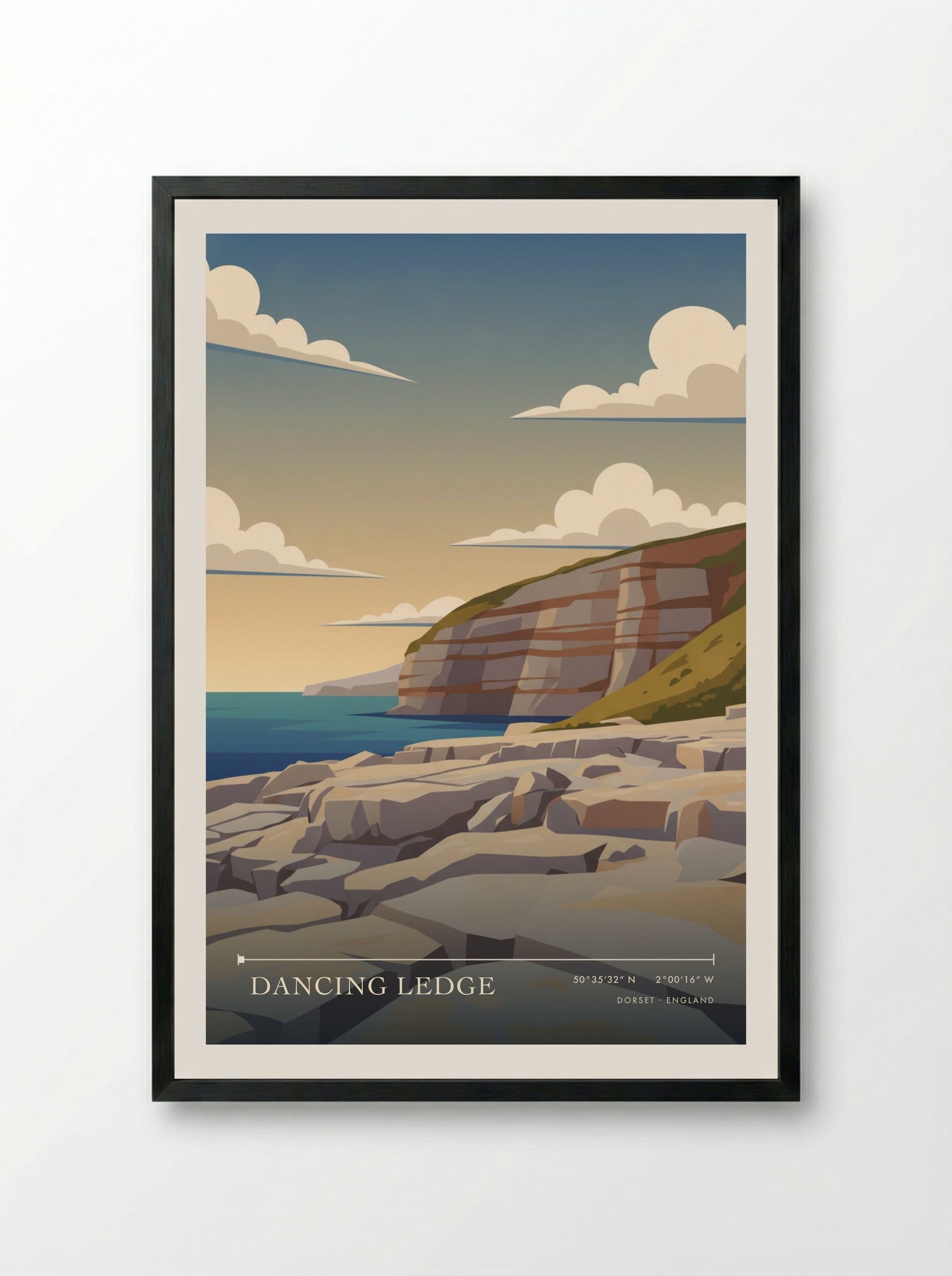 Dancing Ledge Dorset England Travel Poster - Framed Print Black