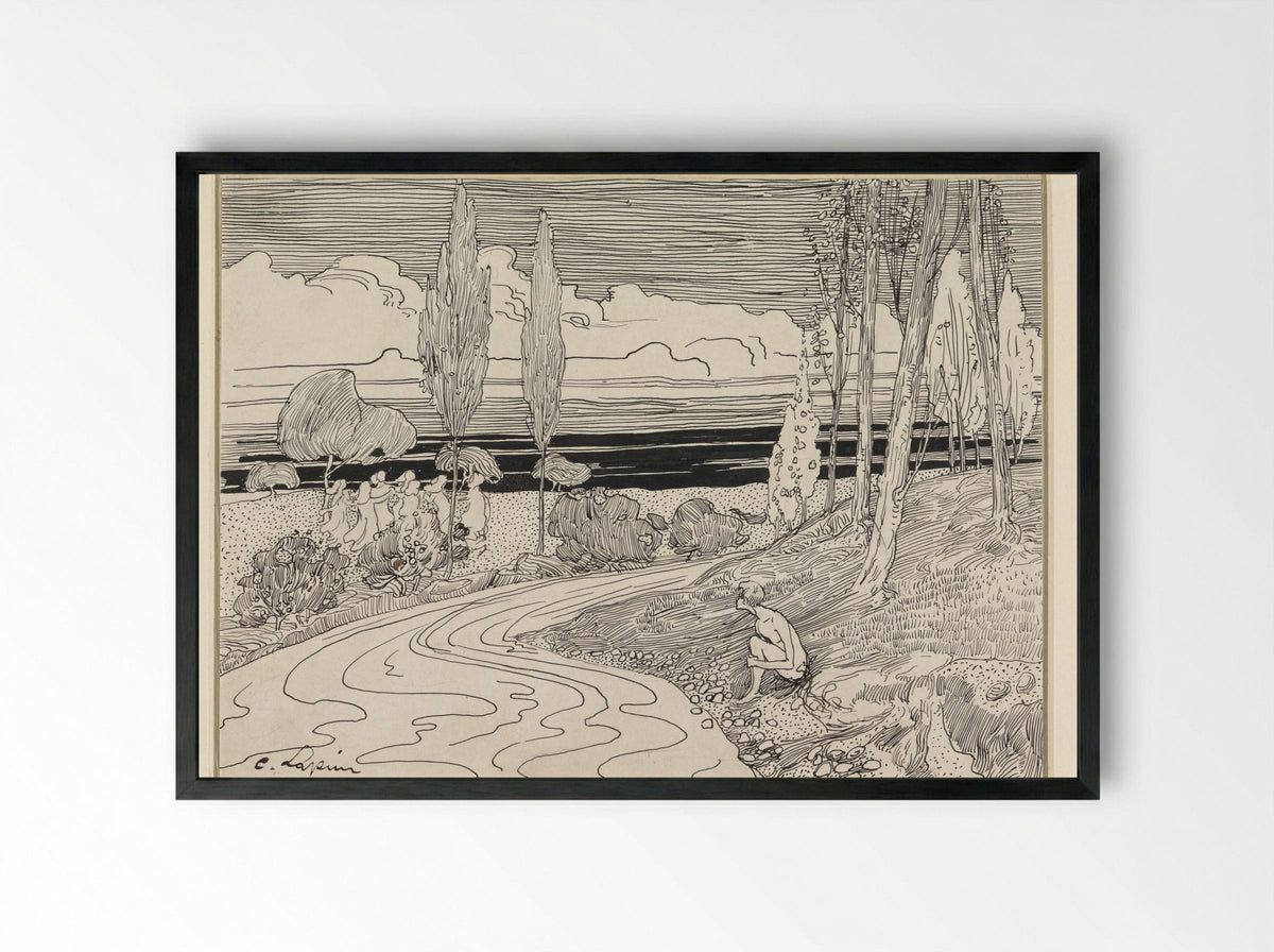 Dancing Women in a Field; A Boy Sitting by the Roadside - C. Lapine - Framed Print Black