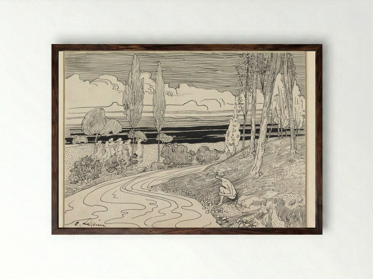 Dancing Women in a Field; A Boy Sitting by the Roadside - C. Lapine - Framed Print Dark Wood