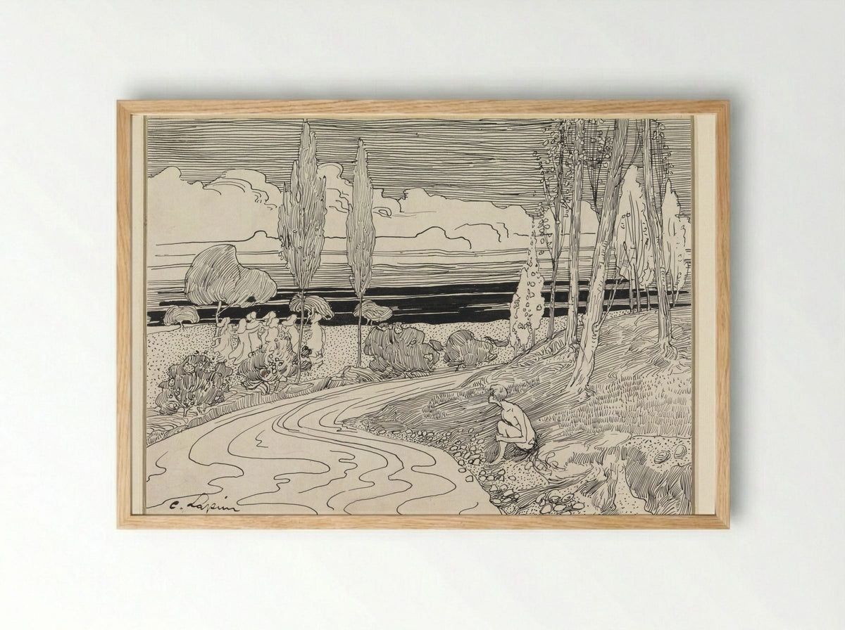Dancing Women in a Field; A Boy Sitting by the Roadside - C. Lapine - Framed Print Wood