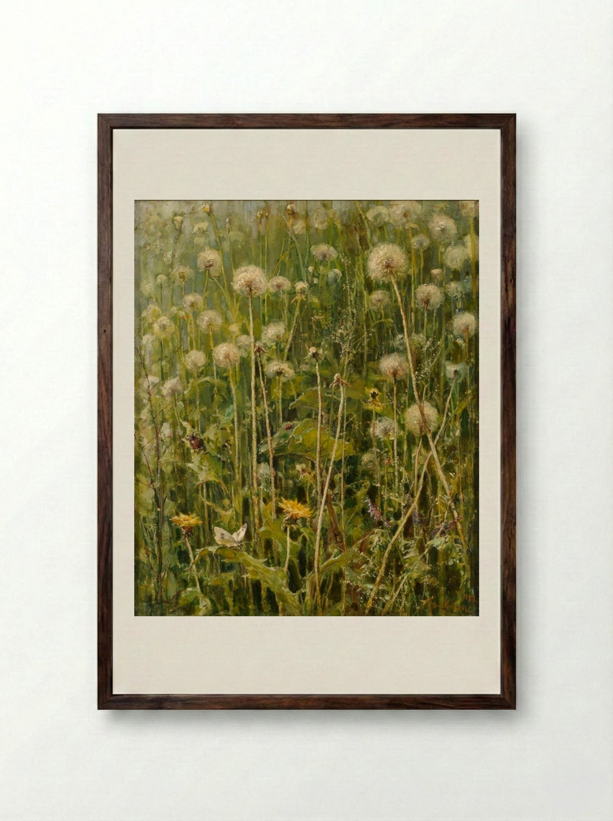 Dandelions in a Meadow - Julius Sergius von Klever - Framed Print Dark Wood