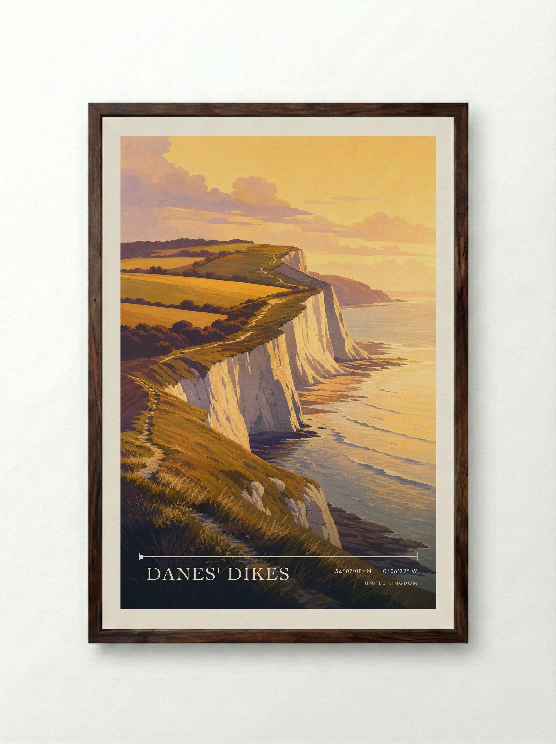 Danes' Dikes United Kingdom Travel Poster - Framed Print Dark Wood