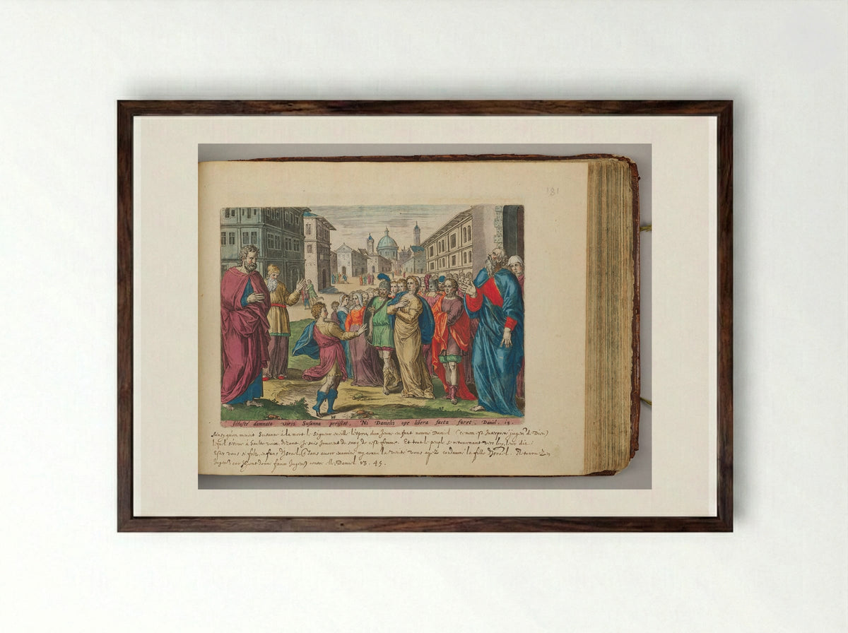 Daniel Intervening on Behalf of Susanna - Hans Collaert the Elder - Framed Print Dark Wood