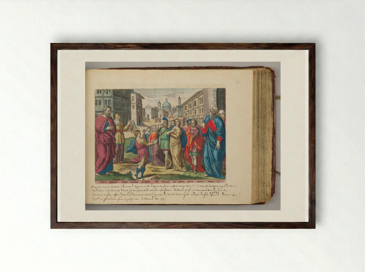 Daniel Intervening on Behalf of Susanna - Hans Collaert the Elder - Framed Print Dark Wood