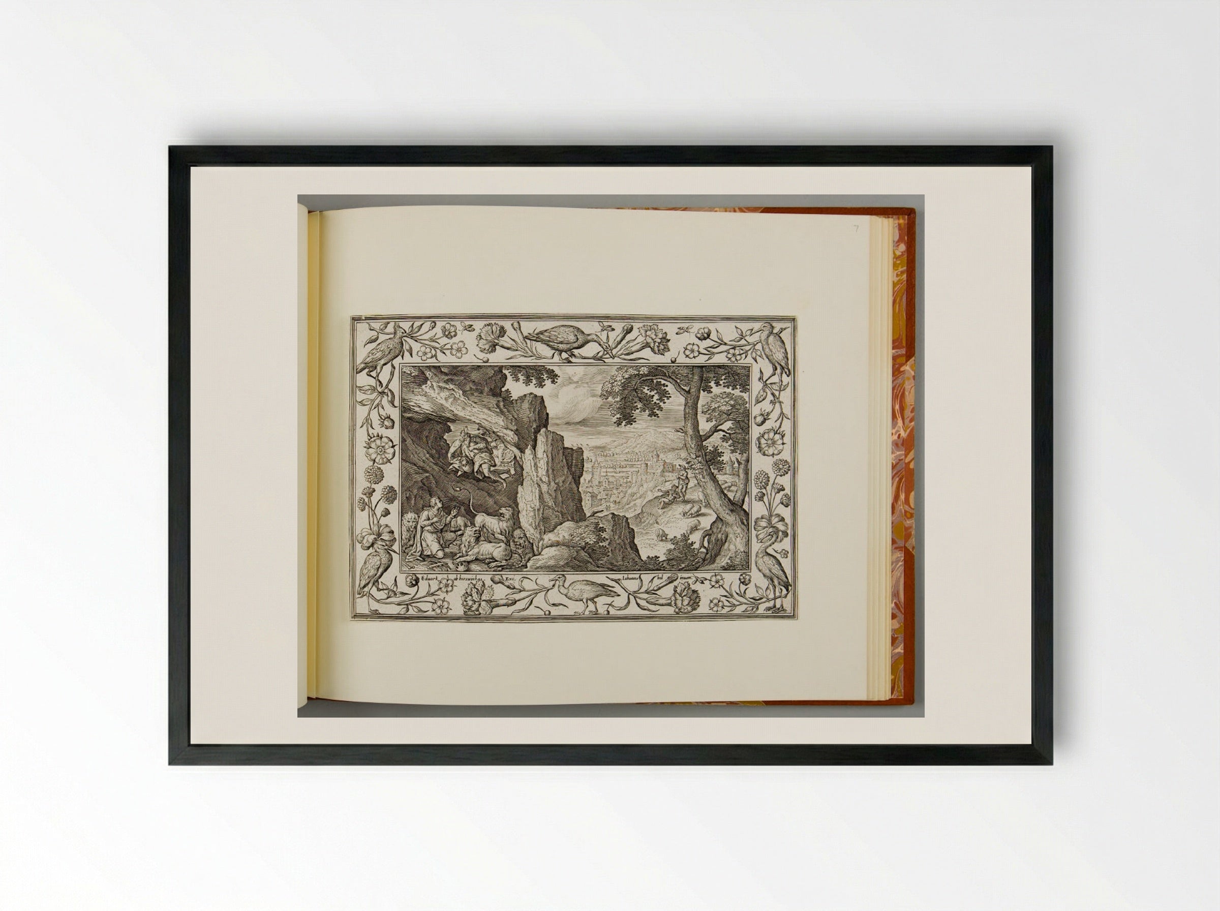 Daniel in the Lion's Den, with Birds, Carnations, and Roses - Adriaen Collaert - Framed Print Black