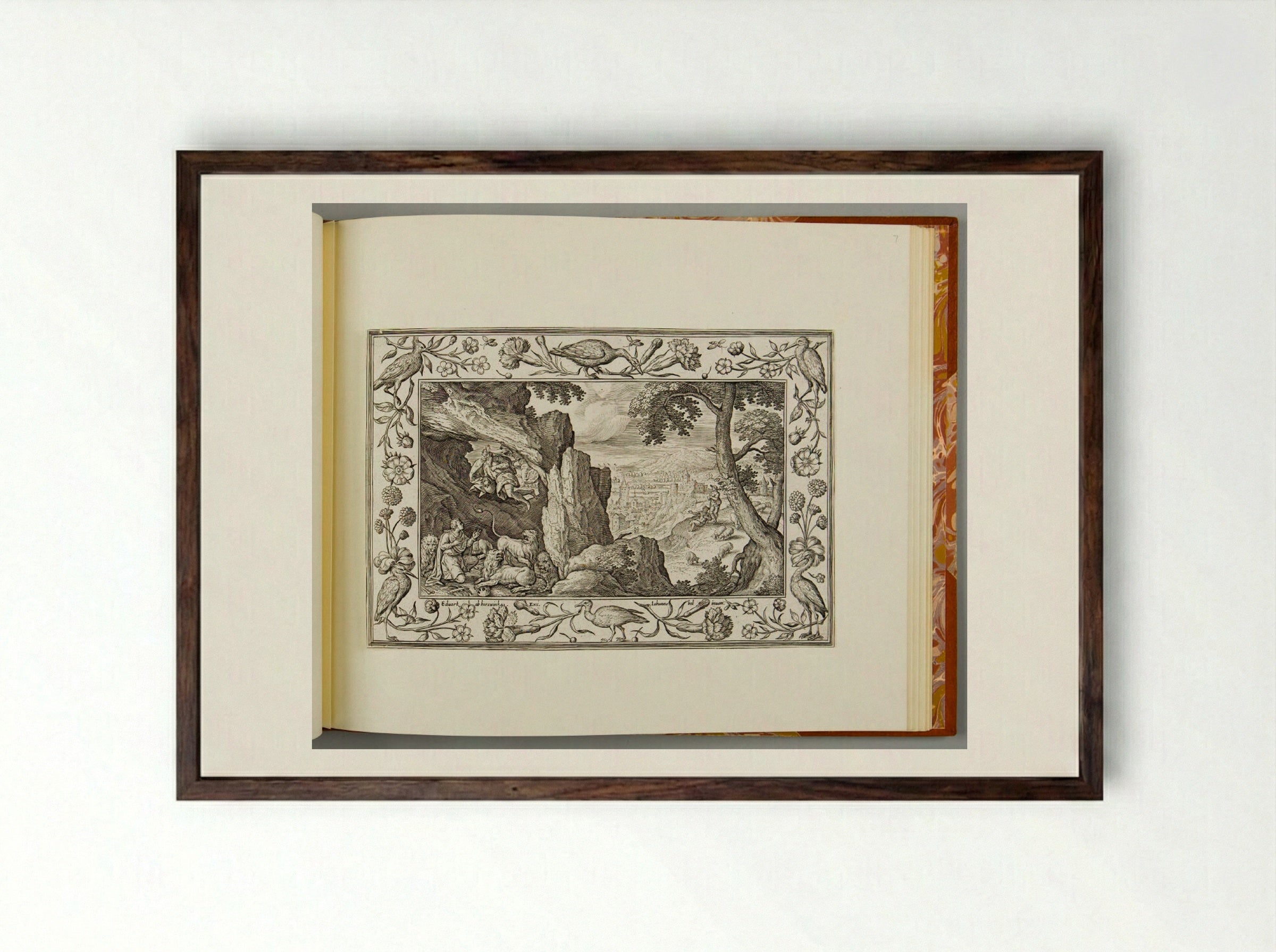 Daniel in the Lion's Den, with Birds, Carnations, and Roses - Adriaen Collaert - Framed Print Dark Wood
