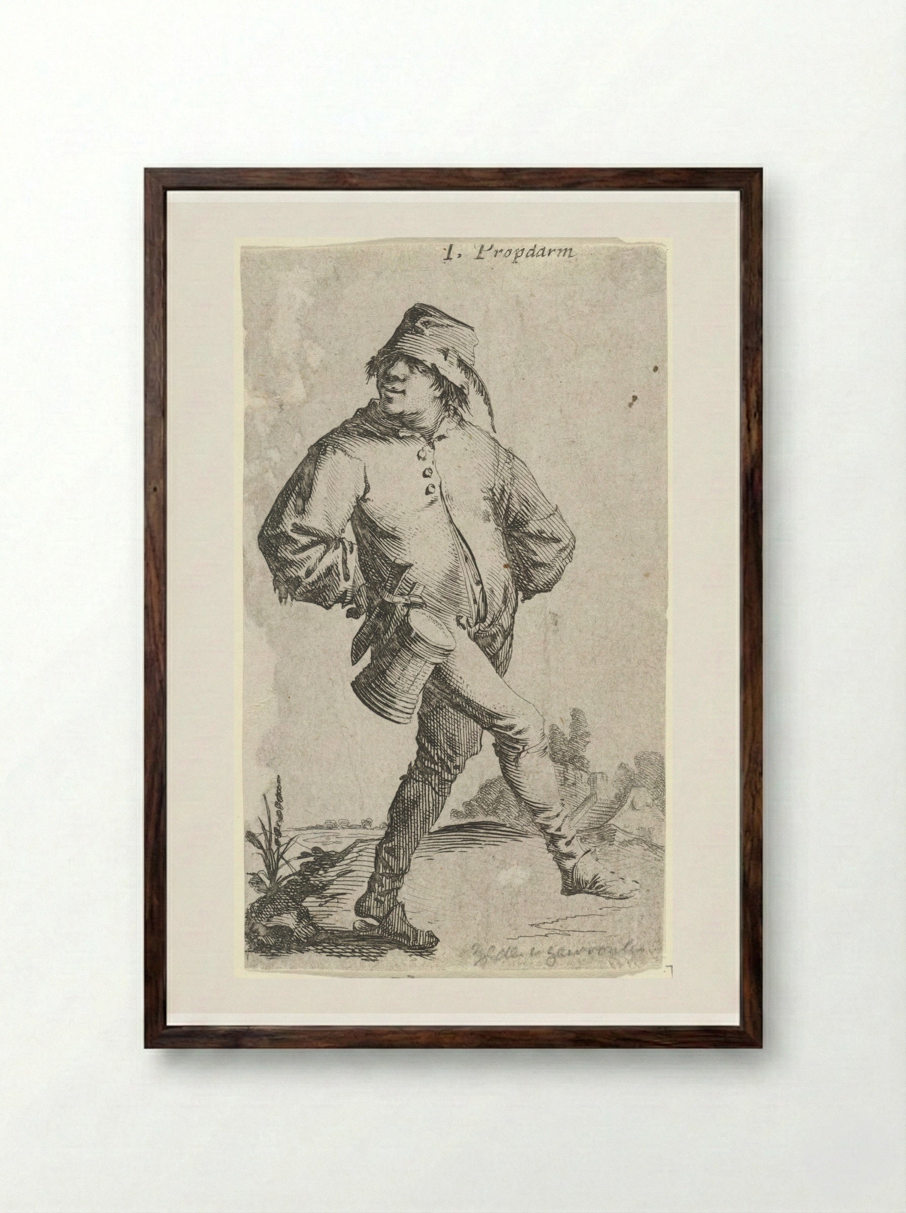 Dansende boer met kroes en mes - Salomon Savery - Framed Print Dark Wood