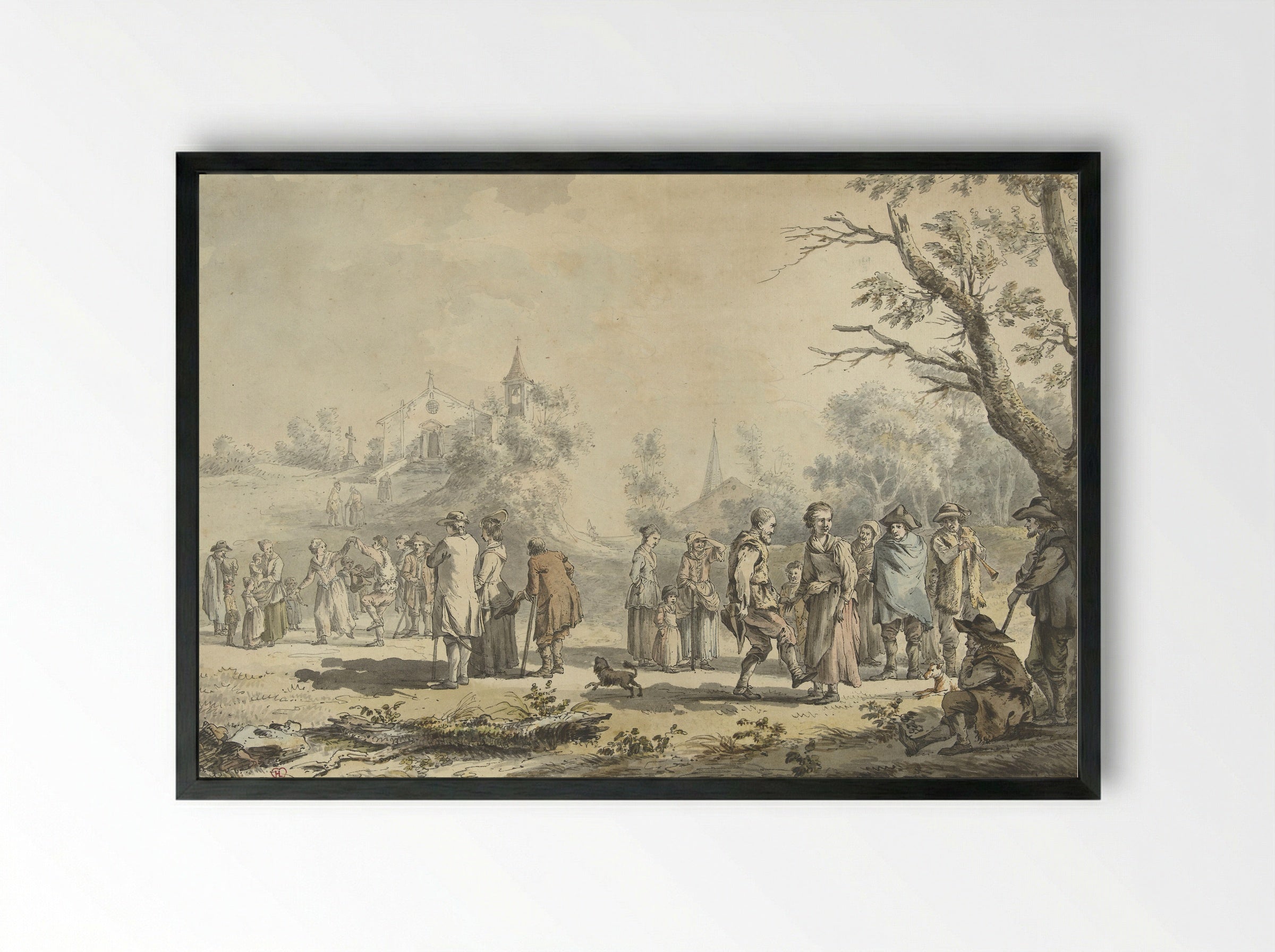 Dansende landlieden en toeschouwers bij een dorp - Jean-Jacques de Boissieu - Framed Print Black
