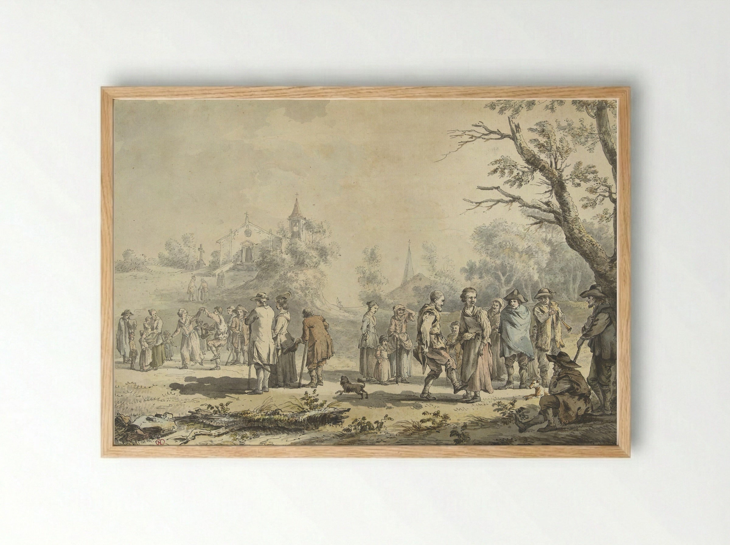 Dansende landlieden en toeschouwers bij een dorp - Jean-Jacques de Boissieu - Framed Print Wood