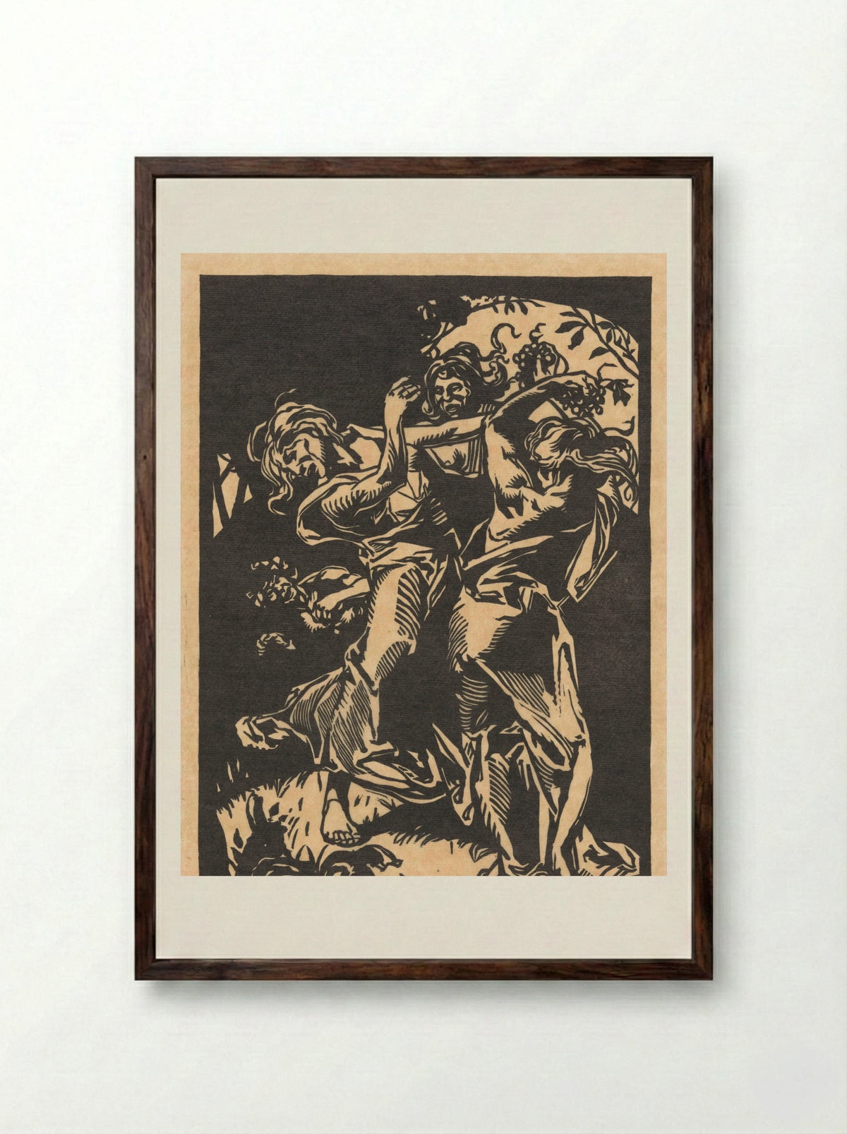 Dansende vrouwen met druiventrossen en sater - Johannes Josephus Aarts - Framed Print Dark Wood