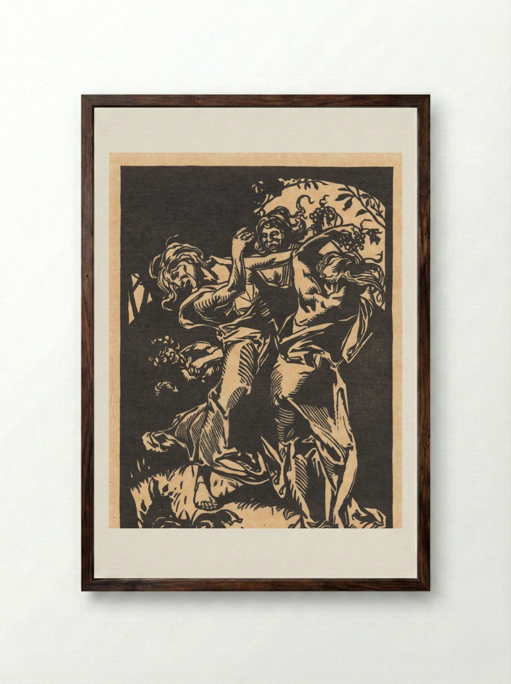 Dansende vrouwen met druiventrossen en sater - Johannes Josephus Aarts - Framed Print Dark Wood