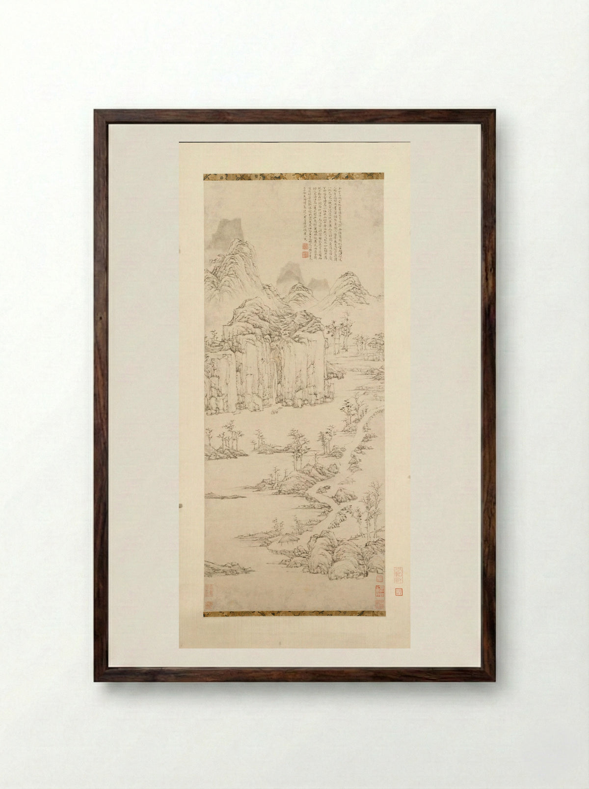Daoist Retreat in Mountain and Stream - Lu Zhi - Framed Print Dark Wood