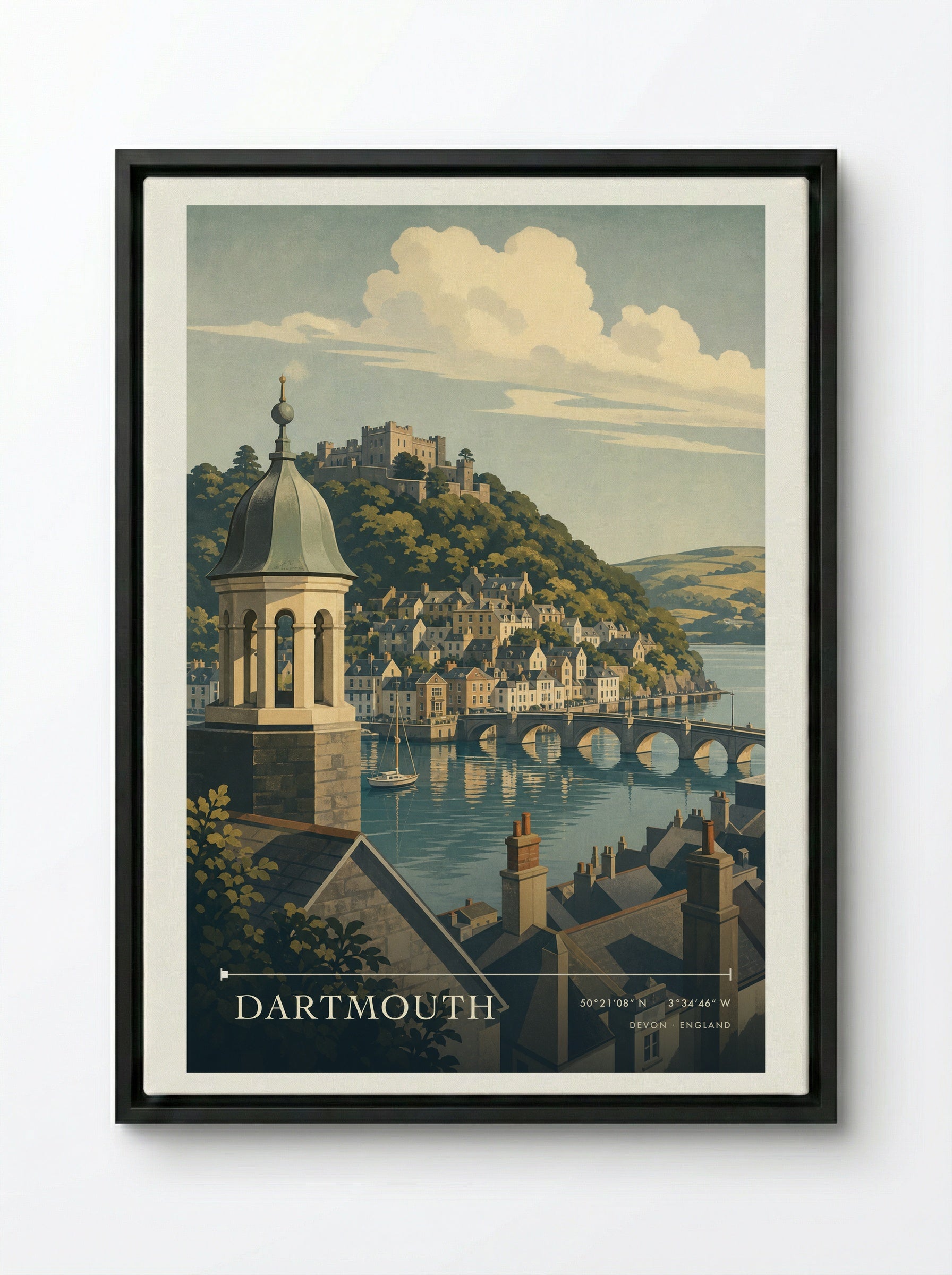 Dartmouth Devon England Travel Poster - Framed Canvas Black