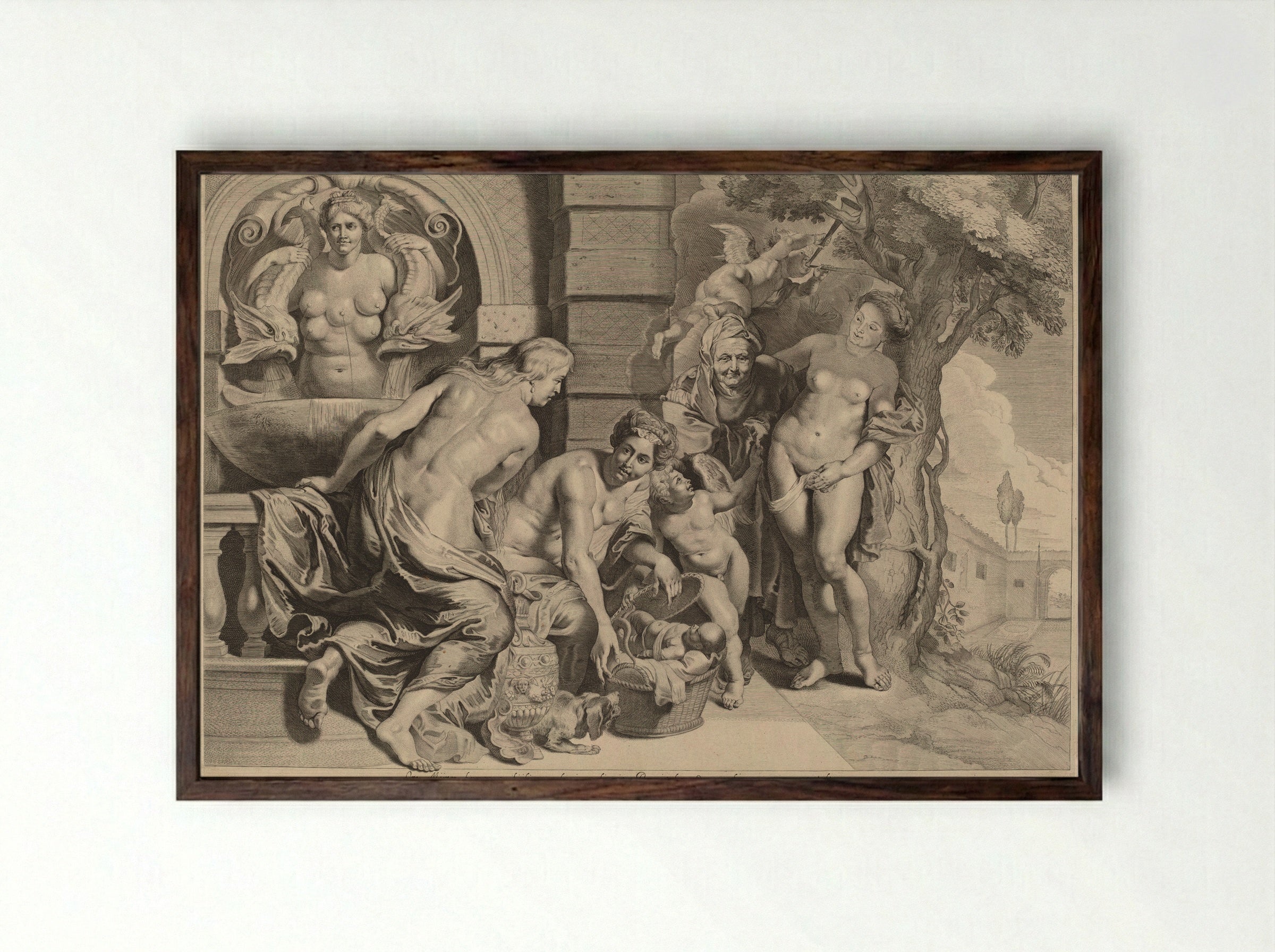 Daughters of Cecrops Disclosing Erichthonius in a Basket - Pieter van Sompel - Framed Print Dark Wood
